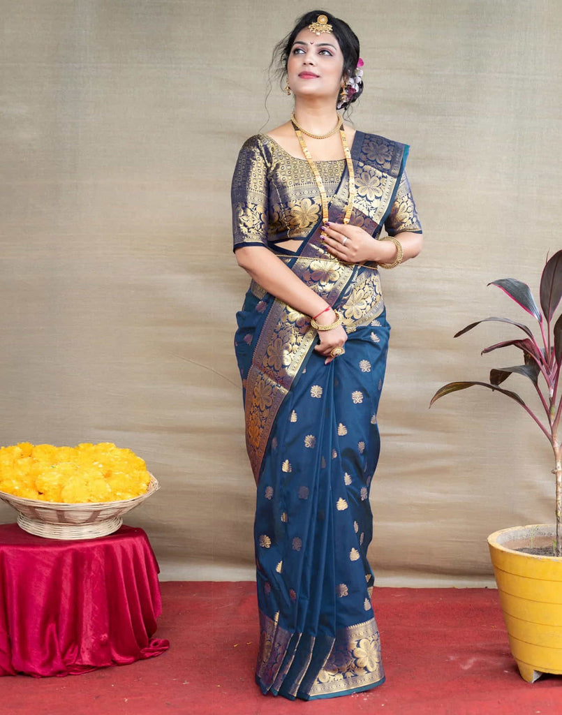 Rama Blue Silk Woven Banarasi Saree