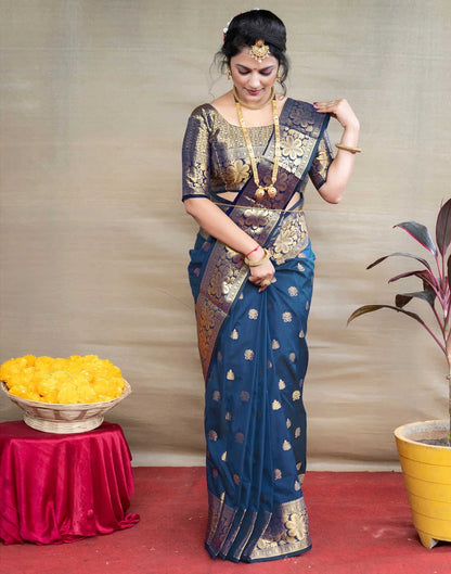 Rama Blue Silk Woven Banarasi Saree