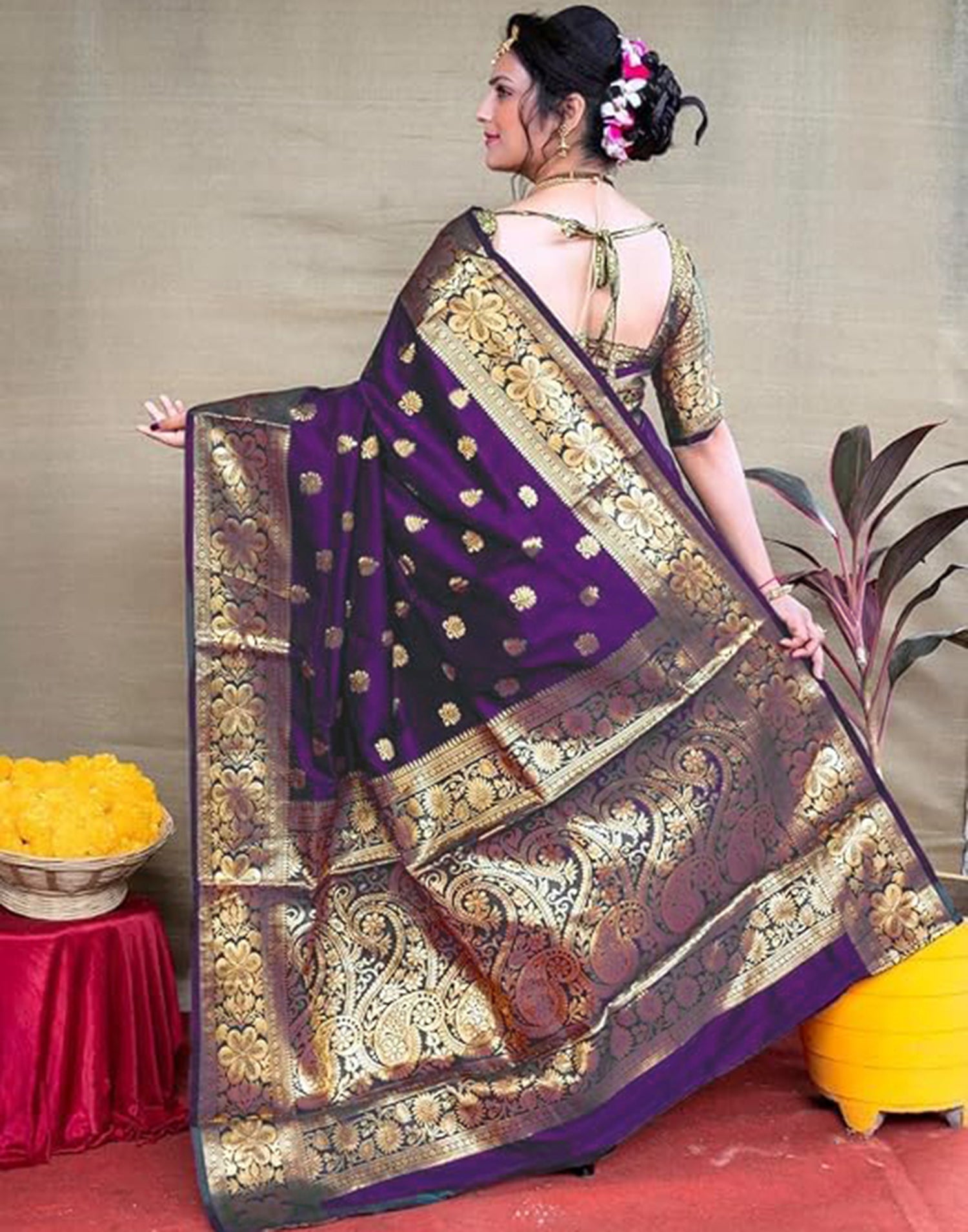 Wine Silk Woven Banarasi Saree