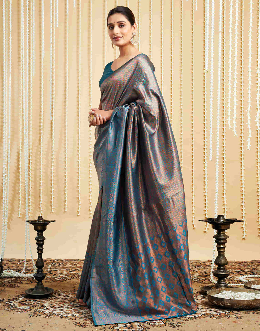 Teal Blue Silk Woven Kanjivaram Saree