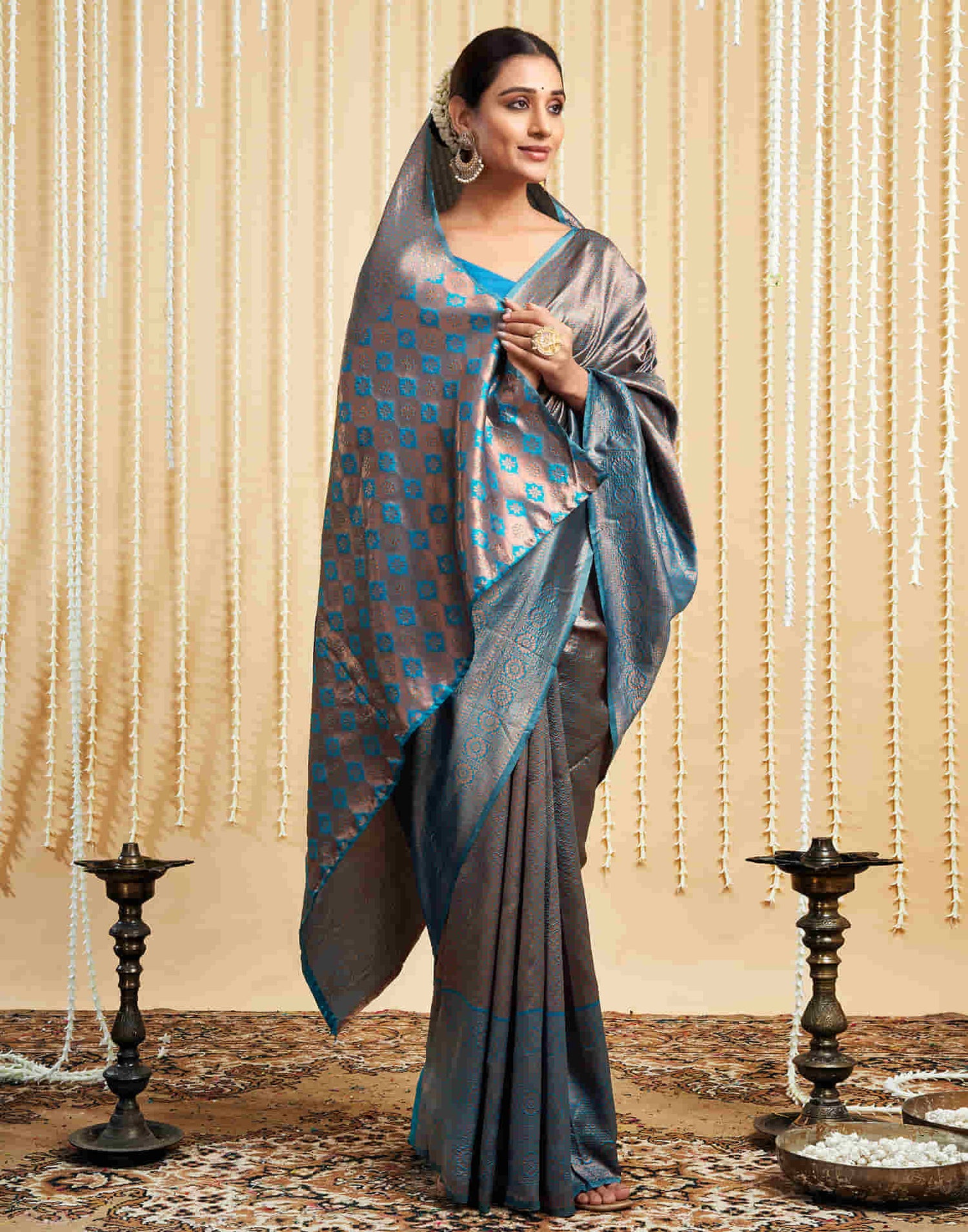 Teal Blue Silk Woven Kanjivaram Saree