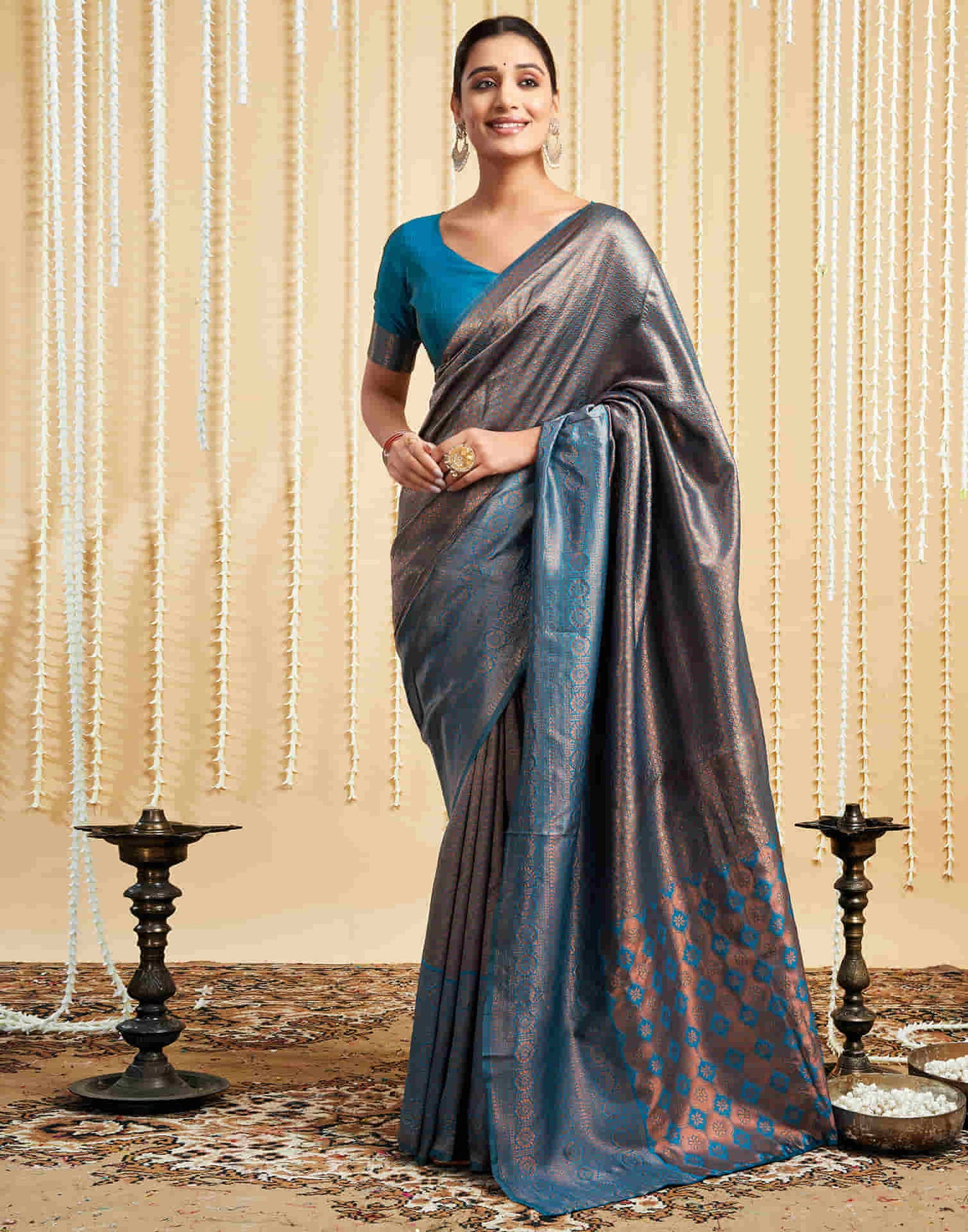 Teal Blue Silk Woven Kanjivaram Saree