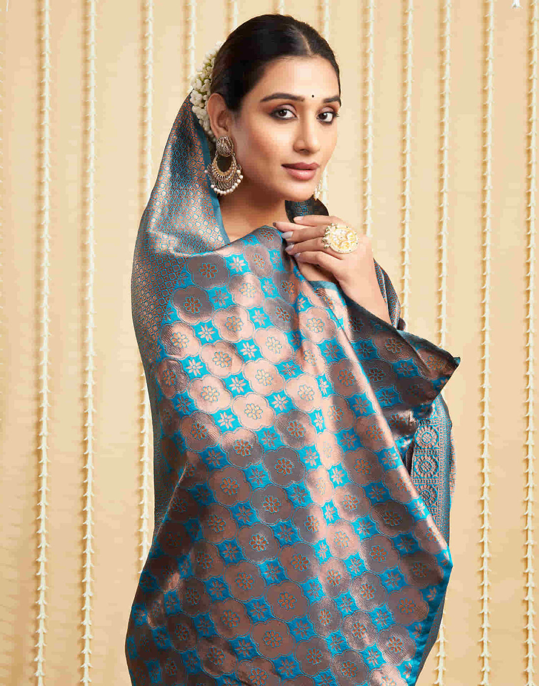 Teal Blue Silk Woven Kanjivaram Saree