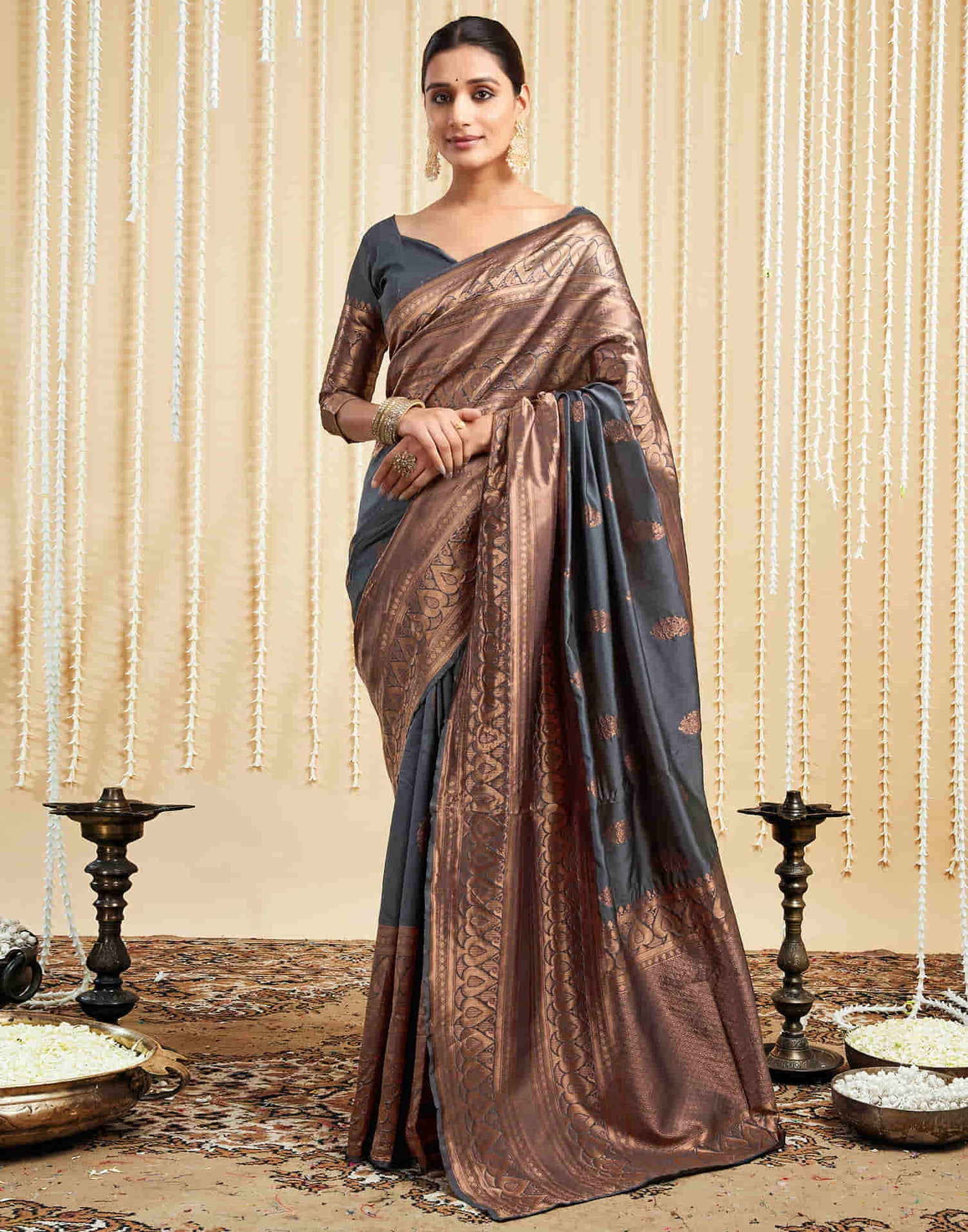 Grey Silk Woven Banarasi Saree