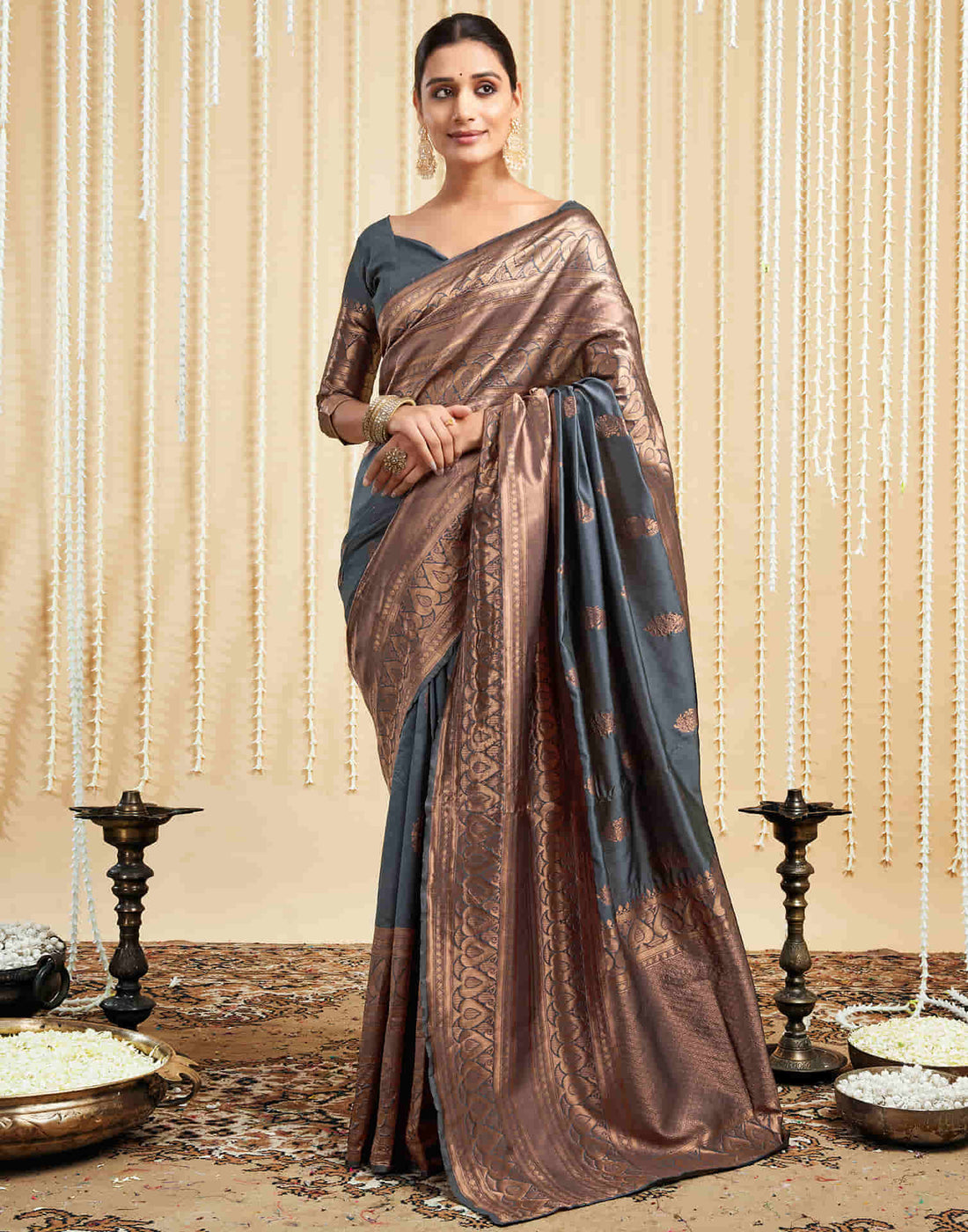 Grey Silk Woven Banarasi Saree