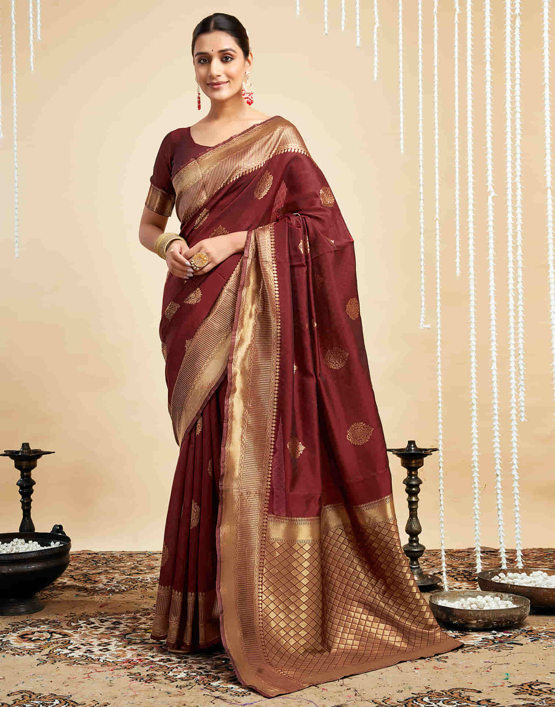 Maroon Silk Woven Banarasi Saree