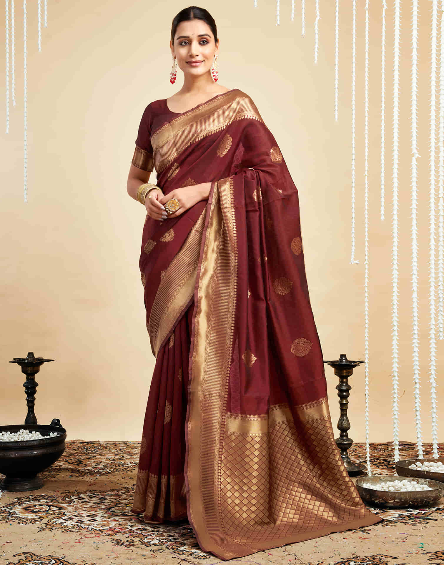 Maroon Silk Woven Banarasi Saree