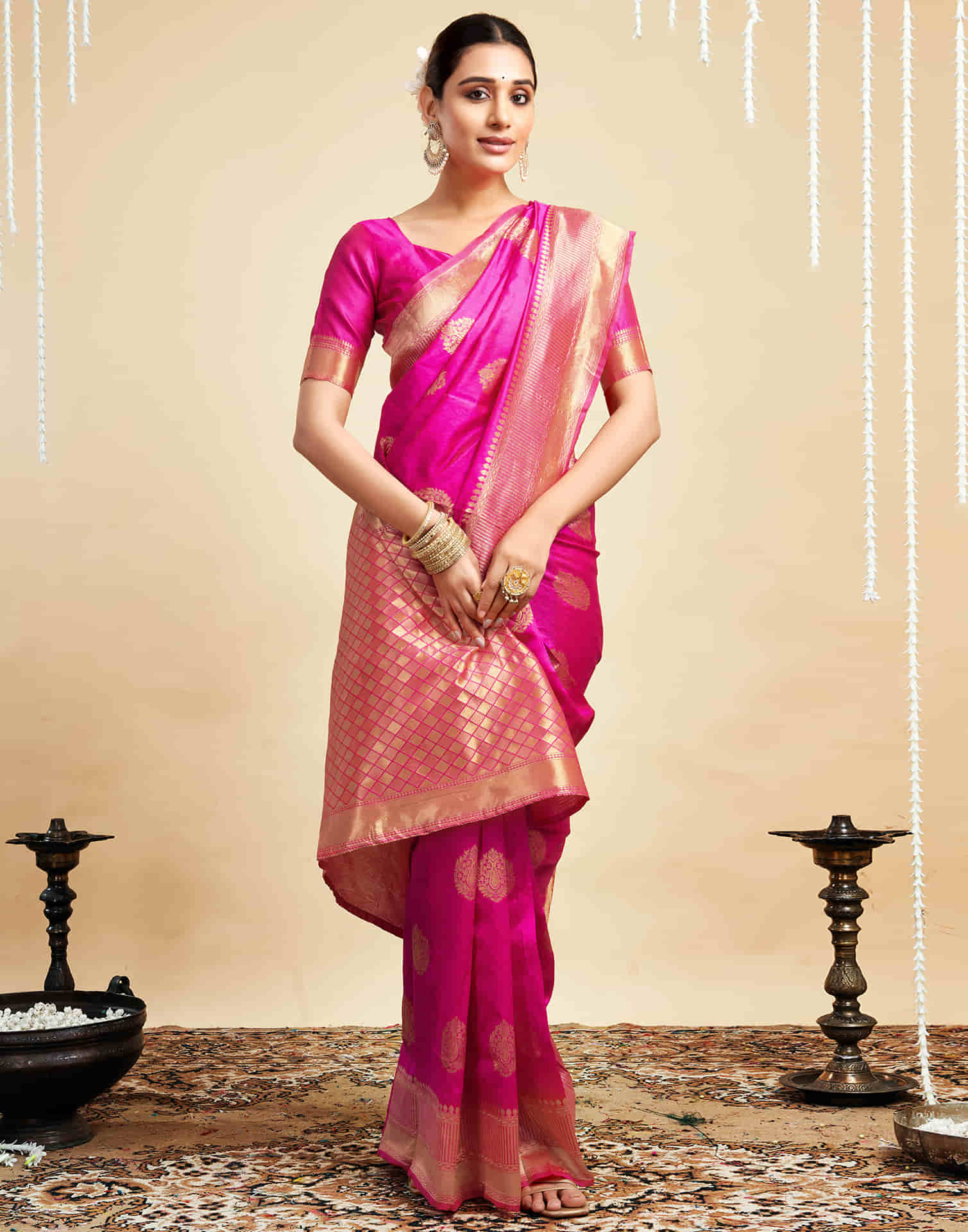 Pink Silk Woven Banarasi Saree