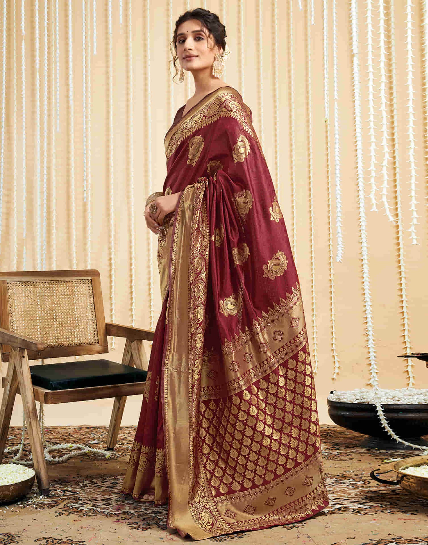 Maroon Silk Woven Banarasi Saree