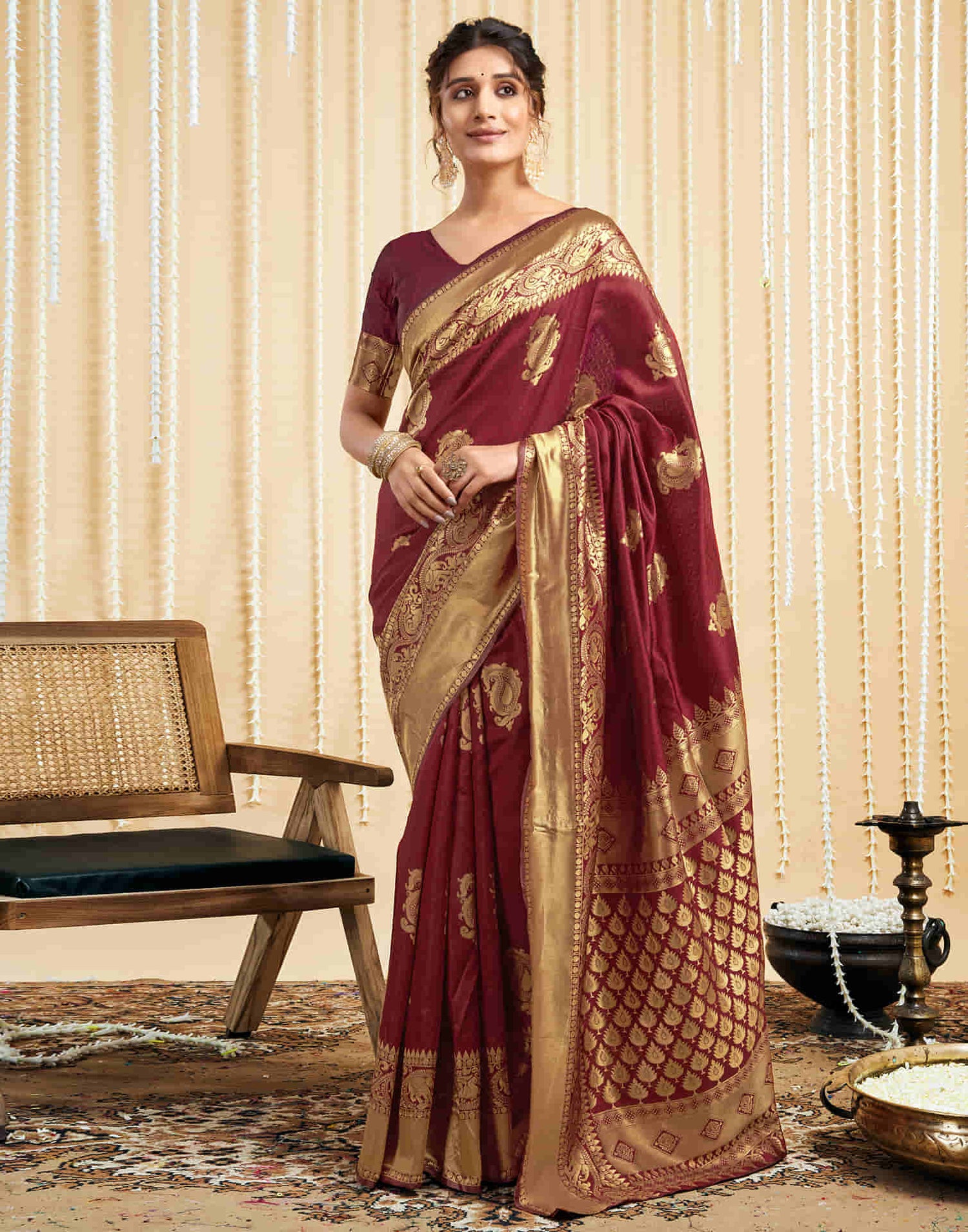 Maroon Silk Woven Banarasi Saree