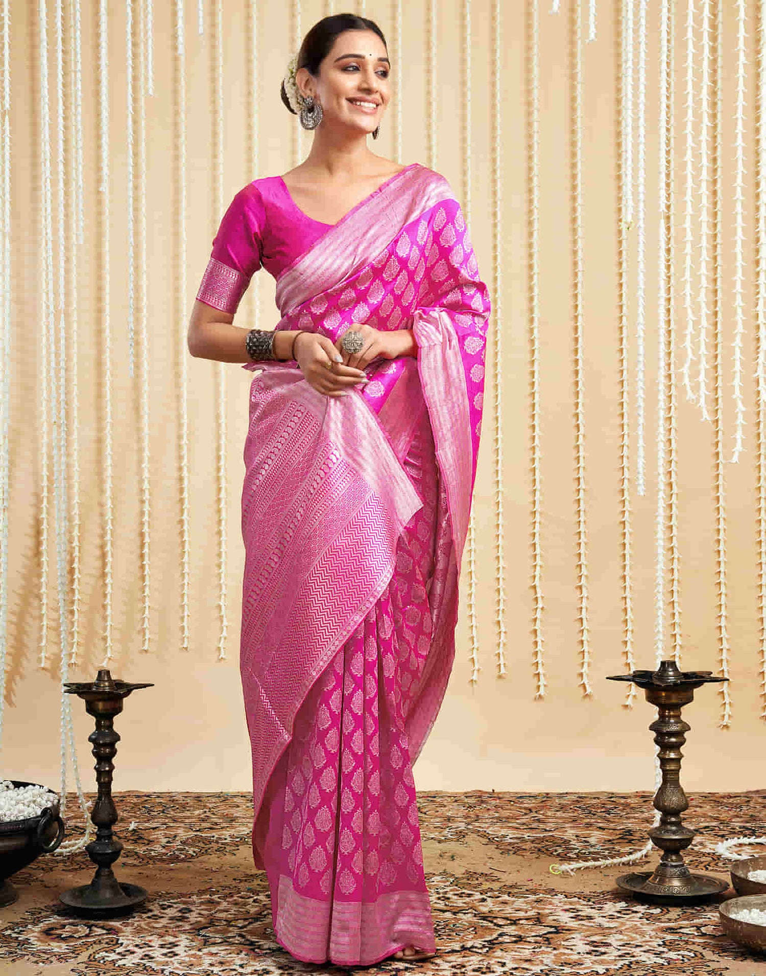 Pink Silk Woven Banarasi Saree