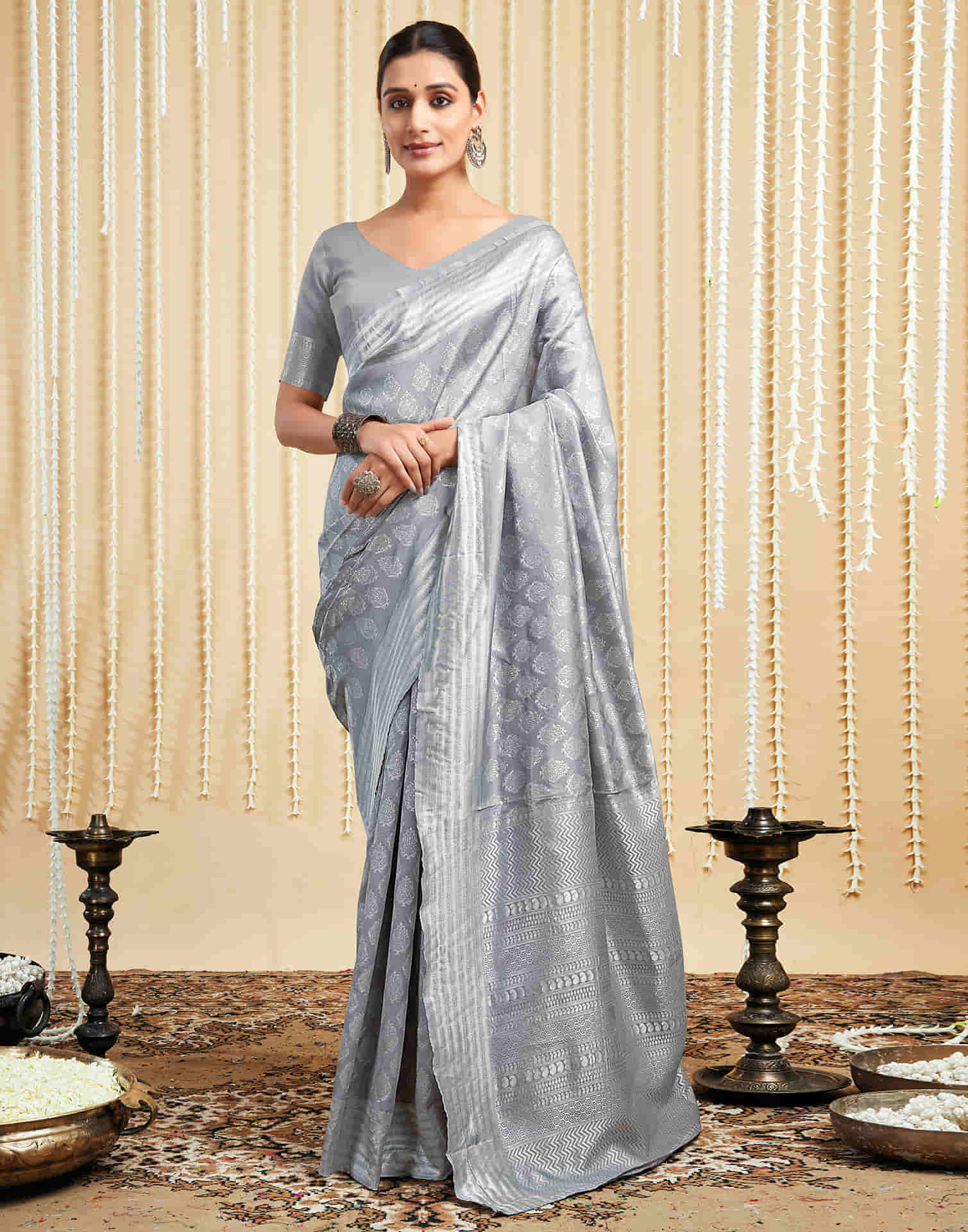 Grey Silk Woven Banarasi Saree