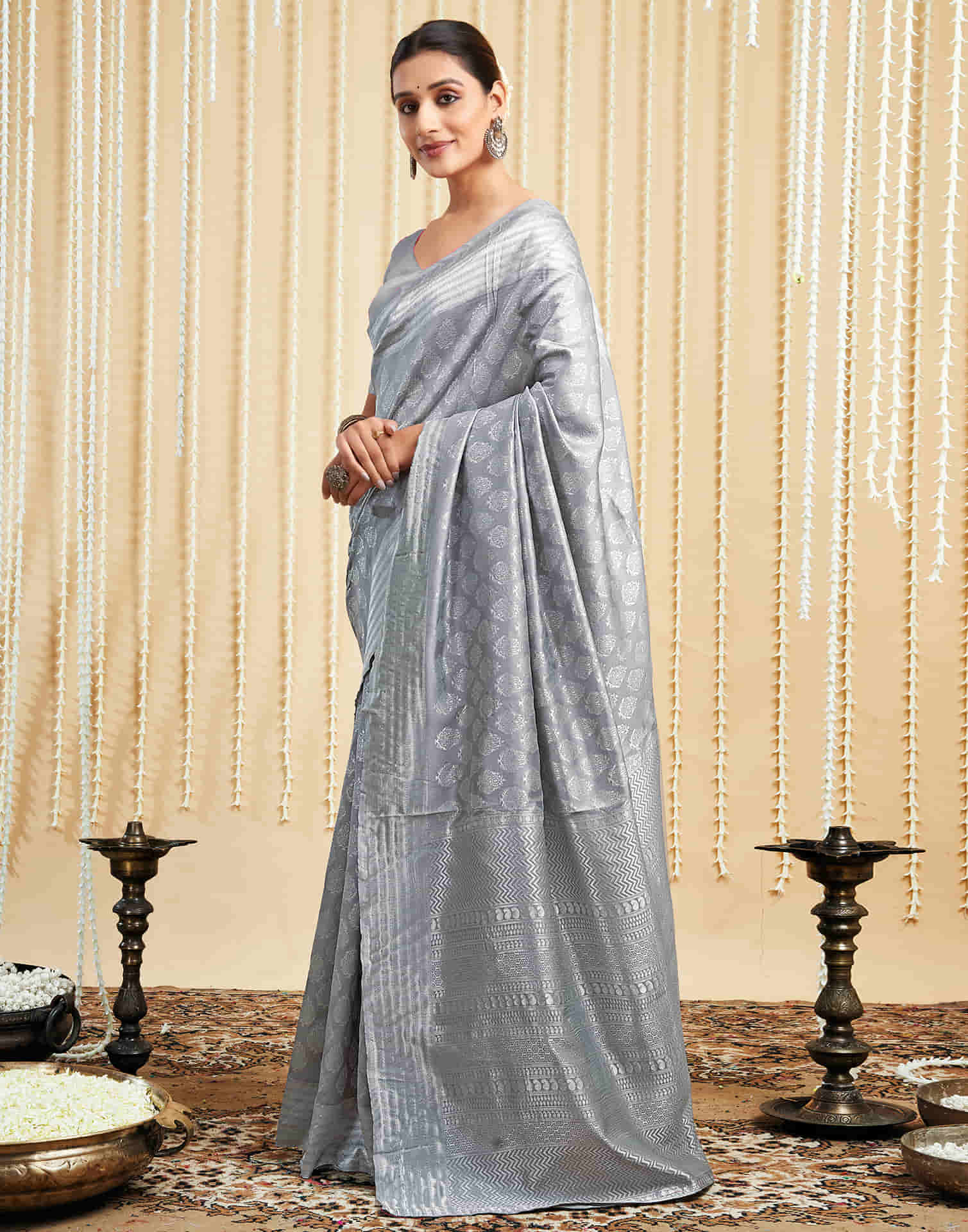 Grey Silk Woven Banarasi Saree