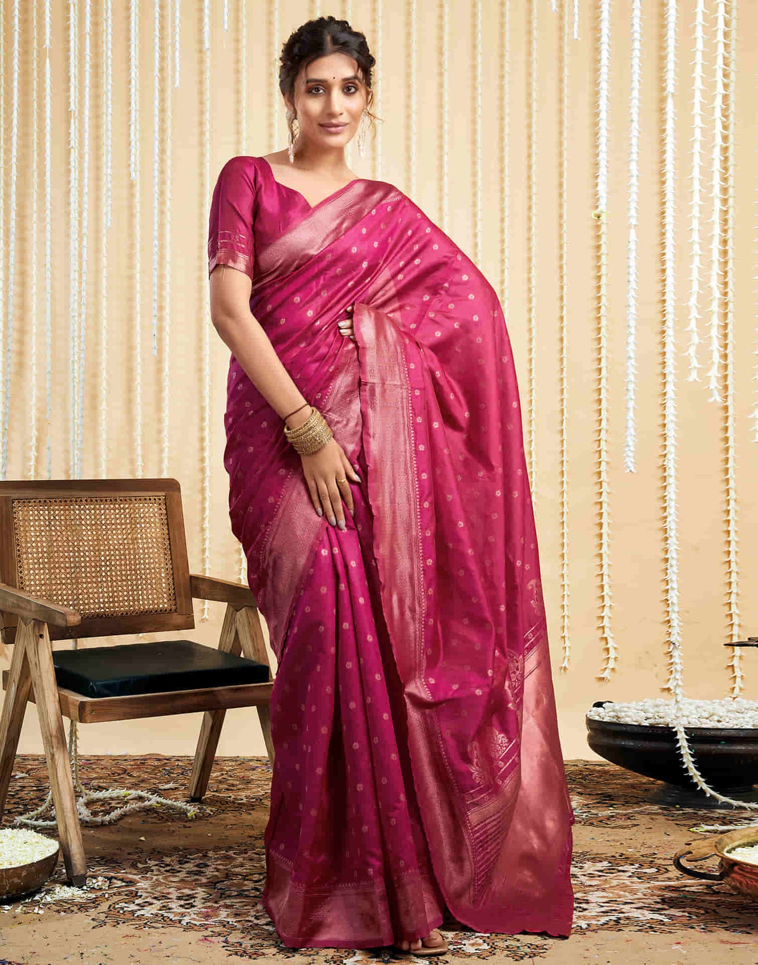 Deep Pink Silk Woven Banarasi Saree