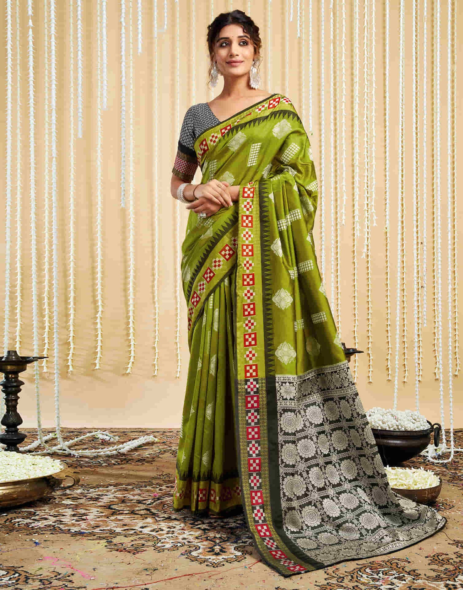 Olive Green Silk Woven Handloom Saree