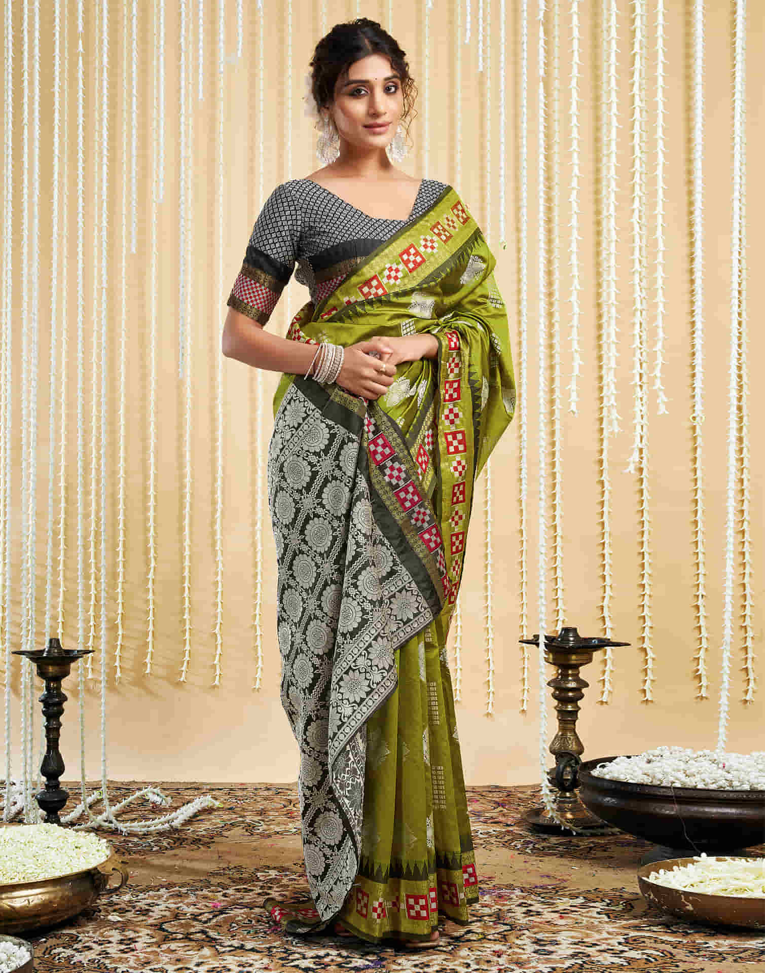 Olive Green Silk Woven Handloom Saree