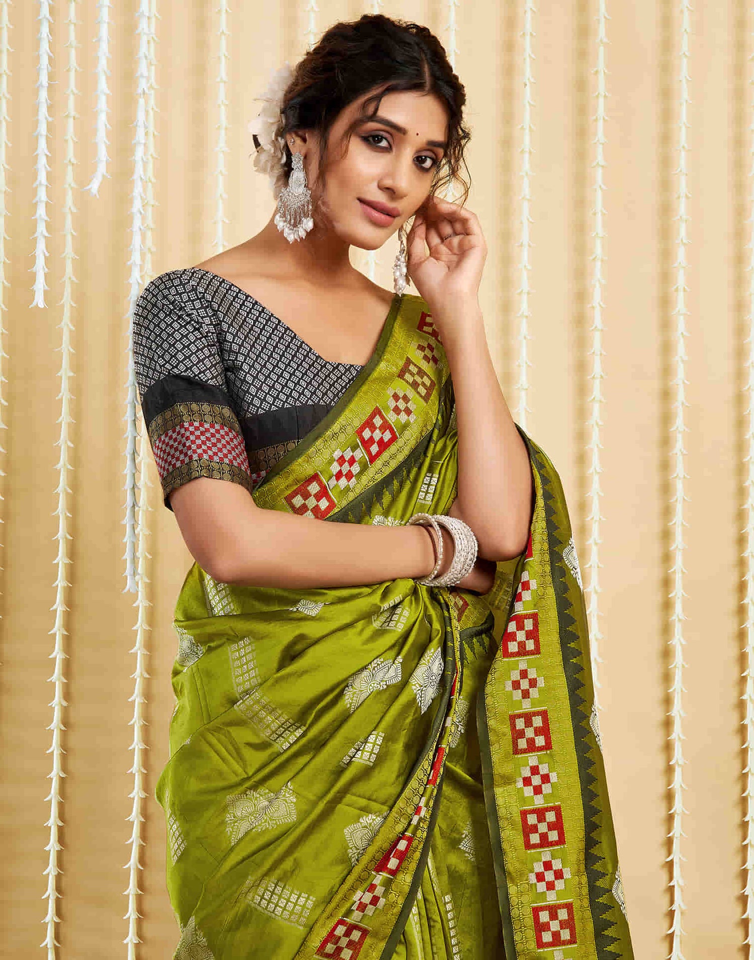 Olive Green Silk Woven Handloom Saree