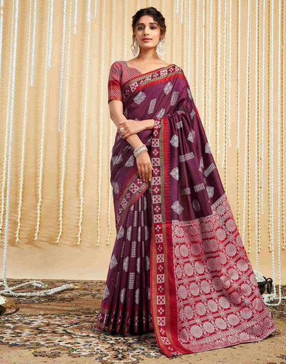 Wine Silk Woven Handloom Saree