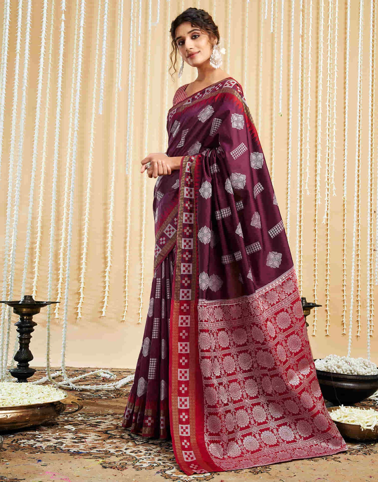 Wine Silk Woven Handloom Saree