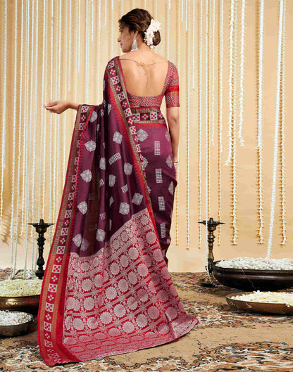 Wine Silk Woven Handloom Saree