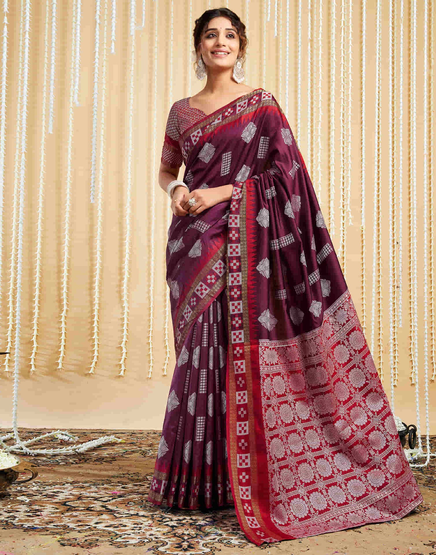 Wine Silk Woven Handloom Saree