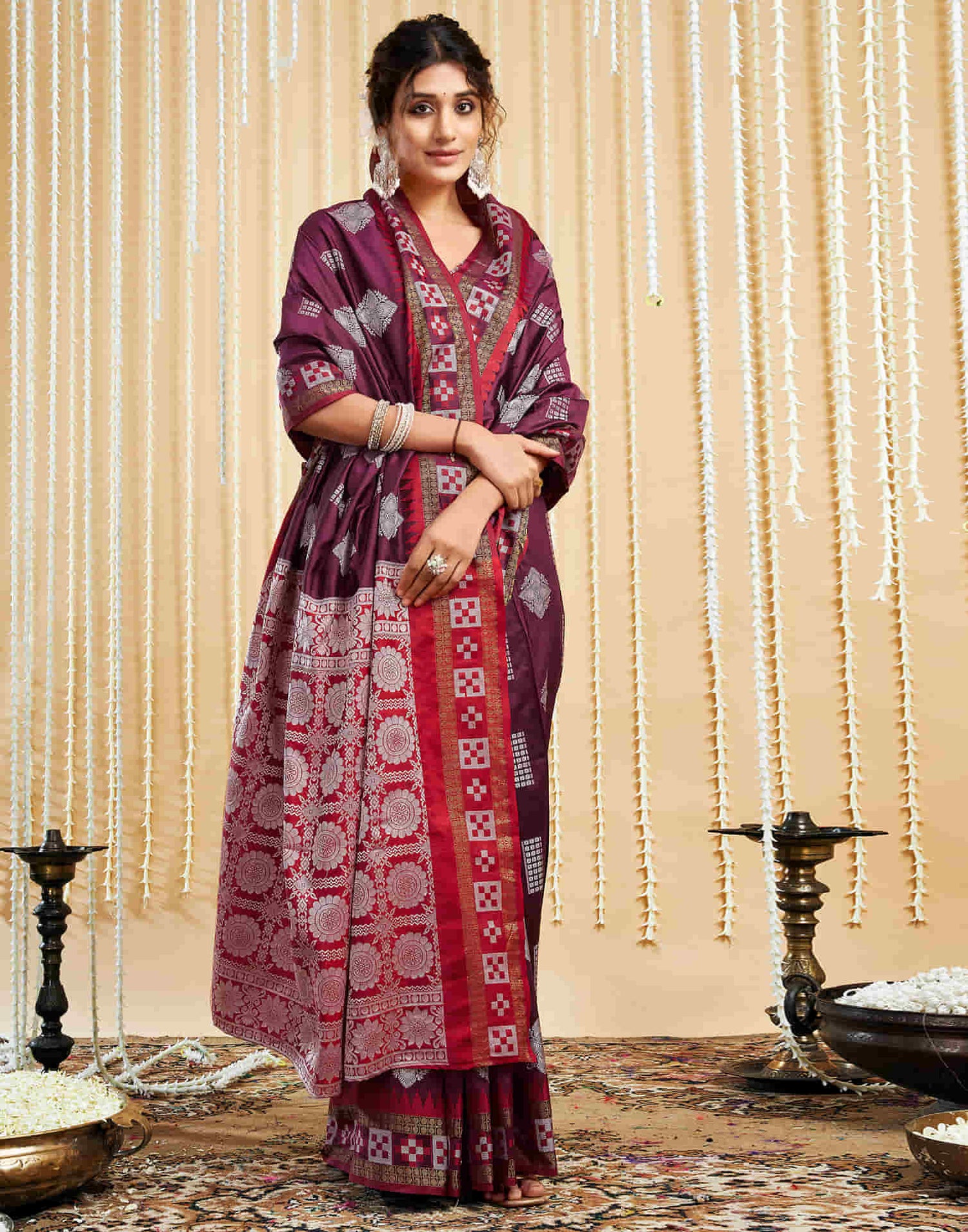 Wine Silk Woven Handloom Saree