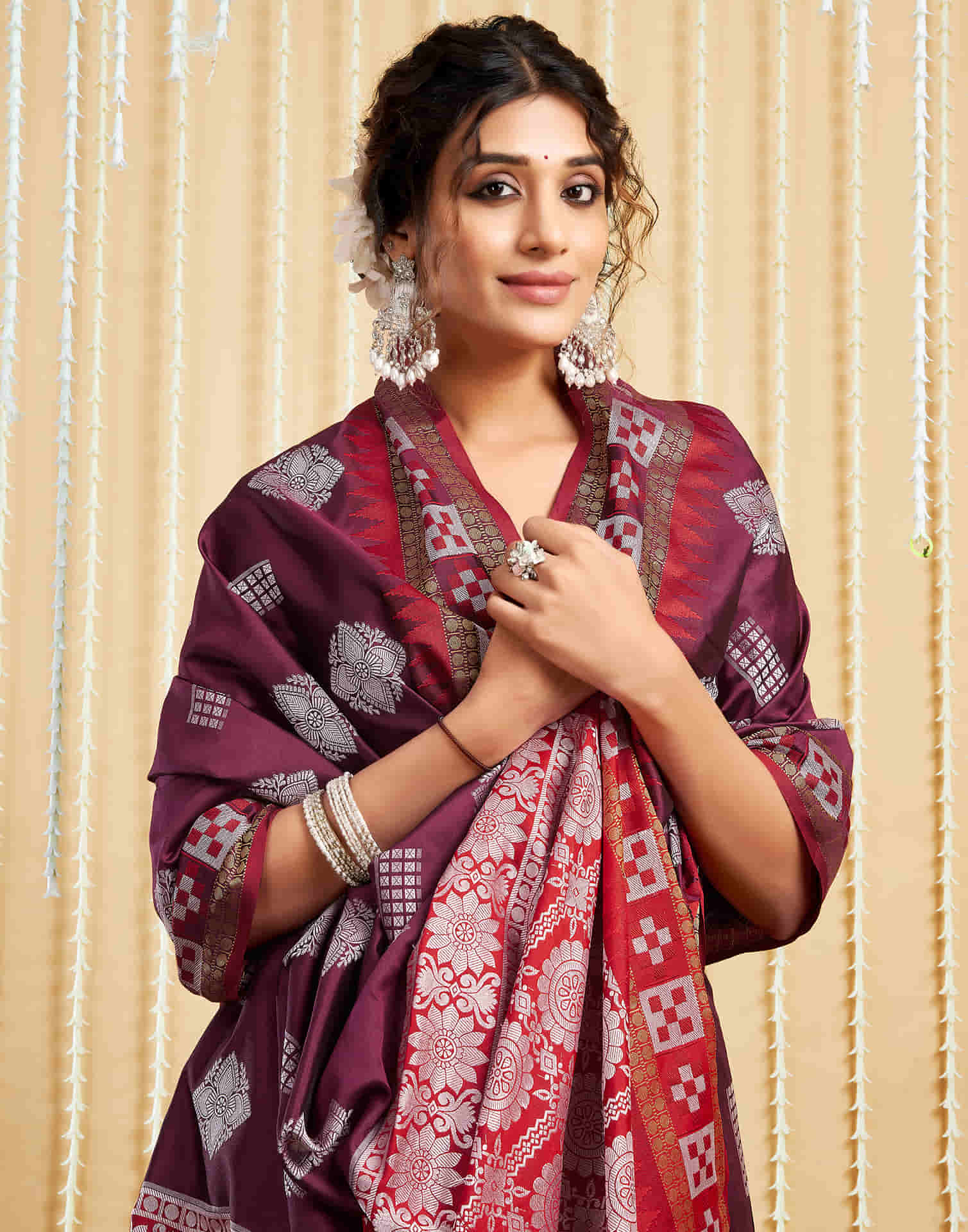 Wine Silk Woven Handloom Saree