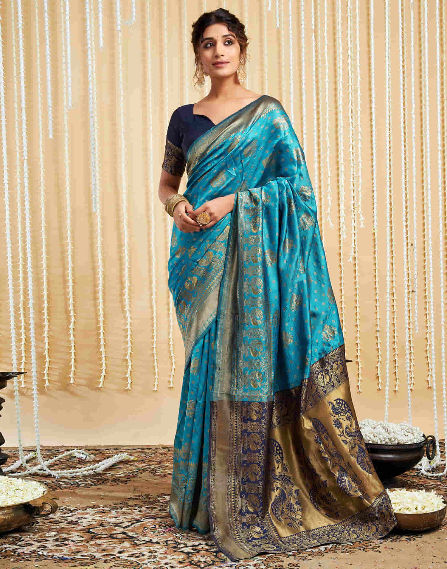 Teal Blue Silk Woven Banarasi Saree