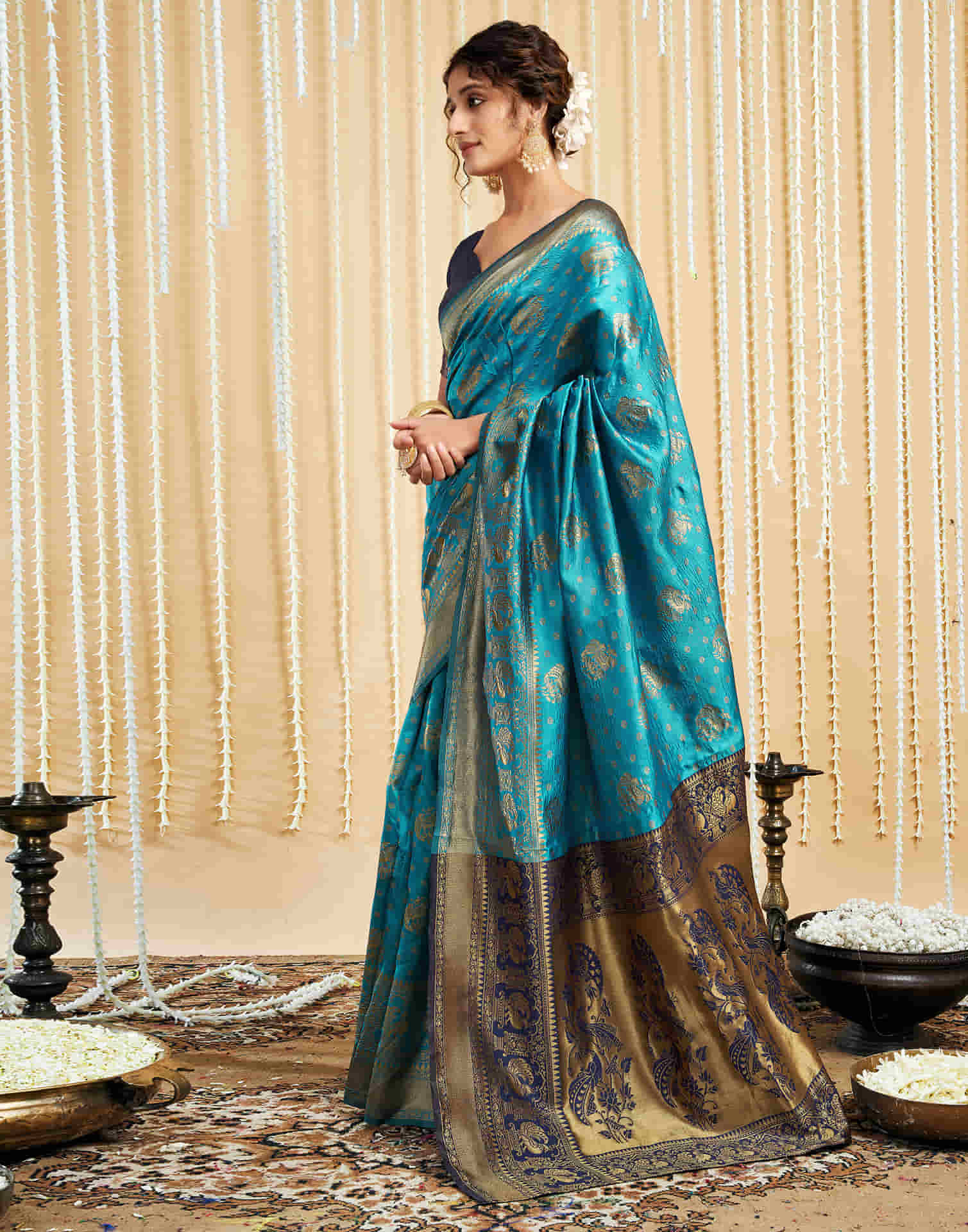 Teal Blue Silk Woven Banarasi Saree