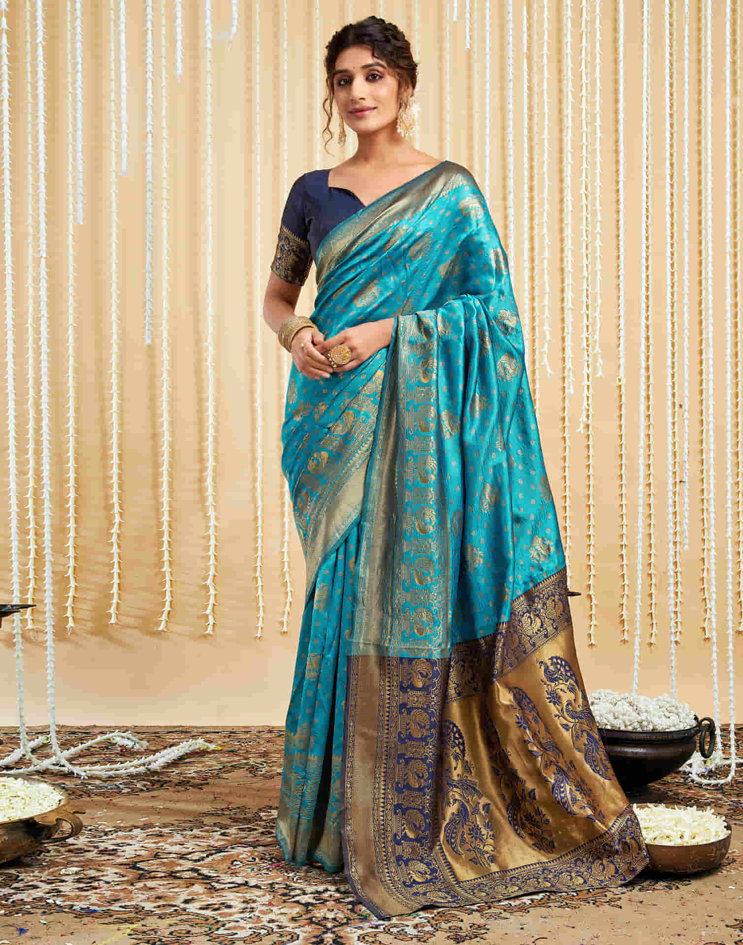 Teal Blue Silk Woven Banarasi Saree