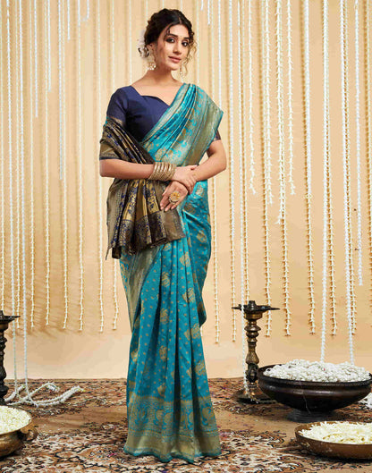 Teal Blue Silk Woven Banarasi Saree