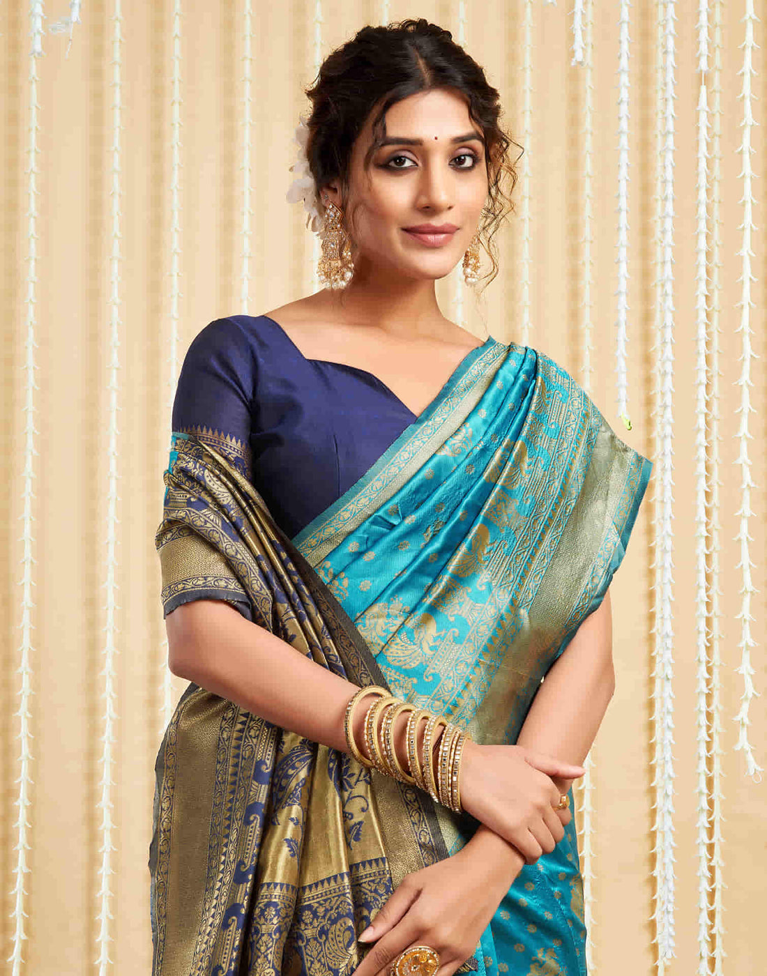 Teal Blue Silk Woven Banarasi Saree