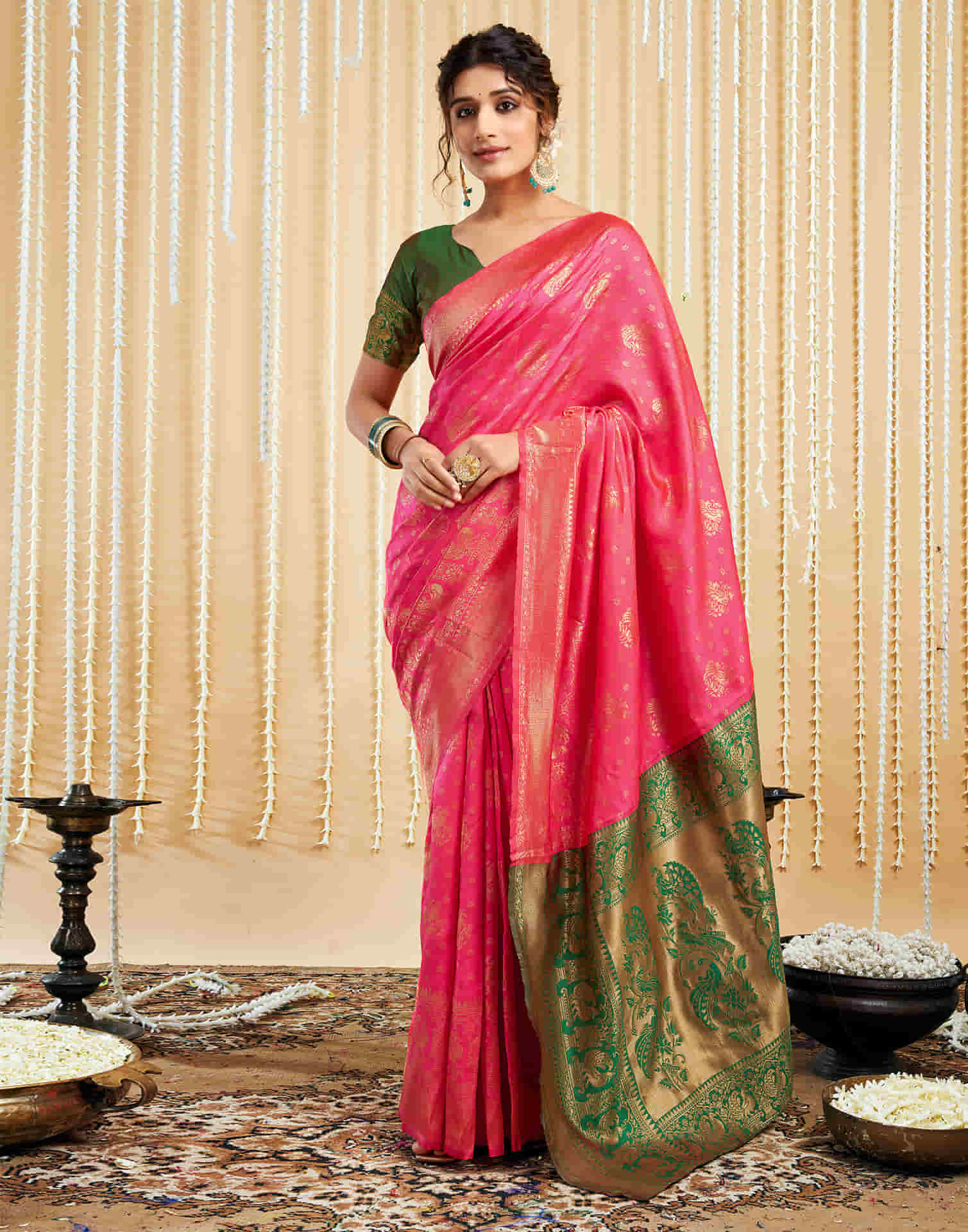 Bright Pink Silk Woven Banarasi Saree