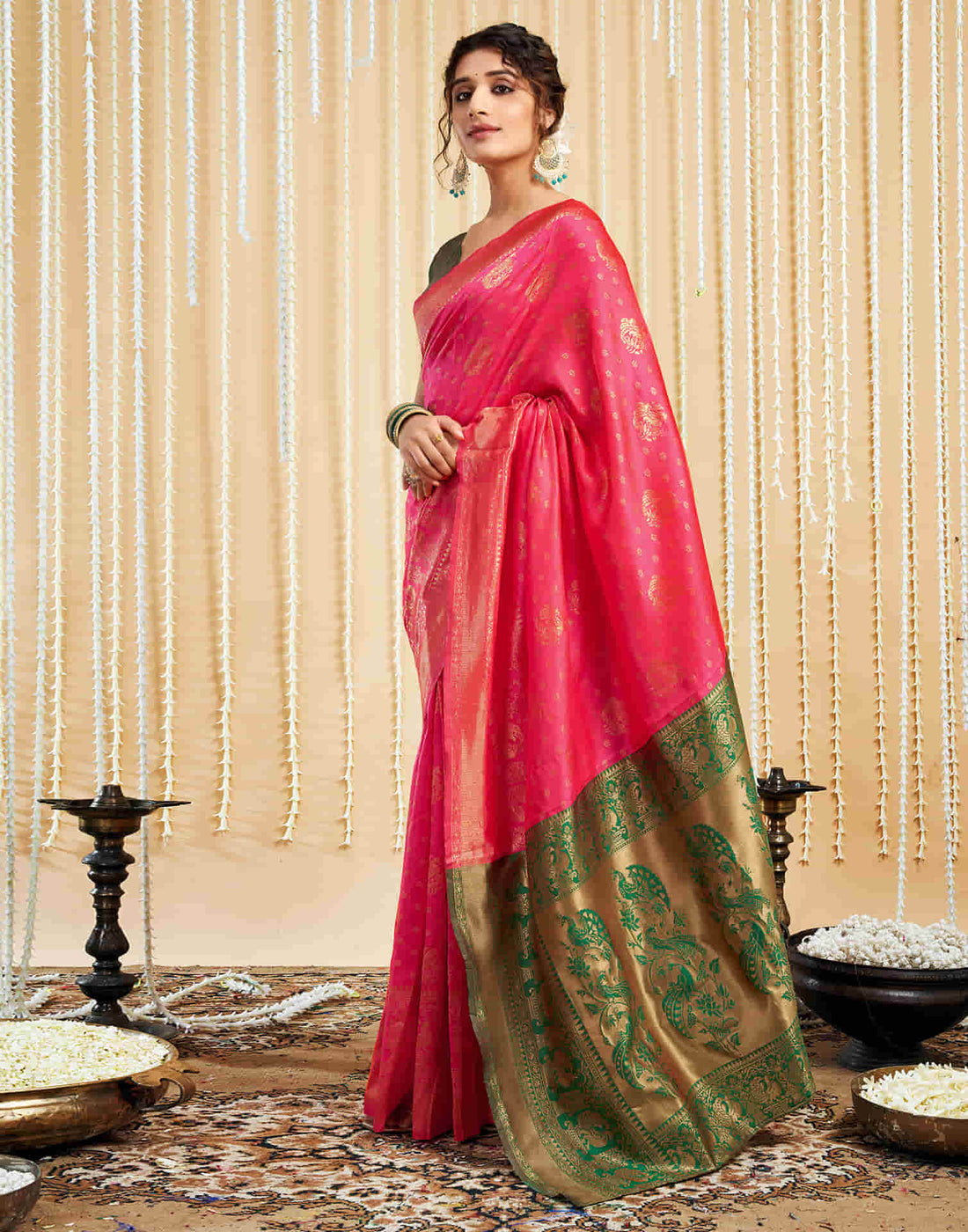 Bright Pink Silk Woven Banarasi Saree