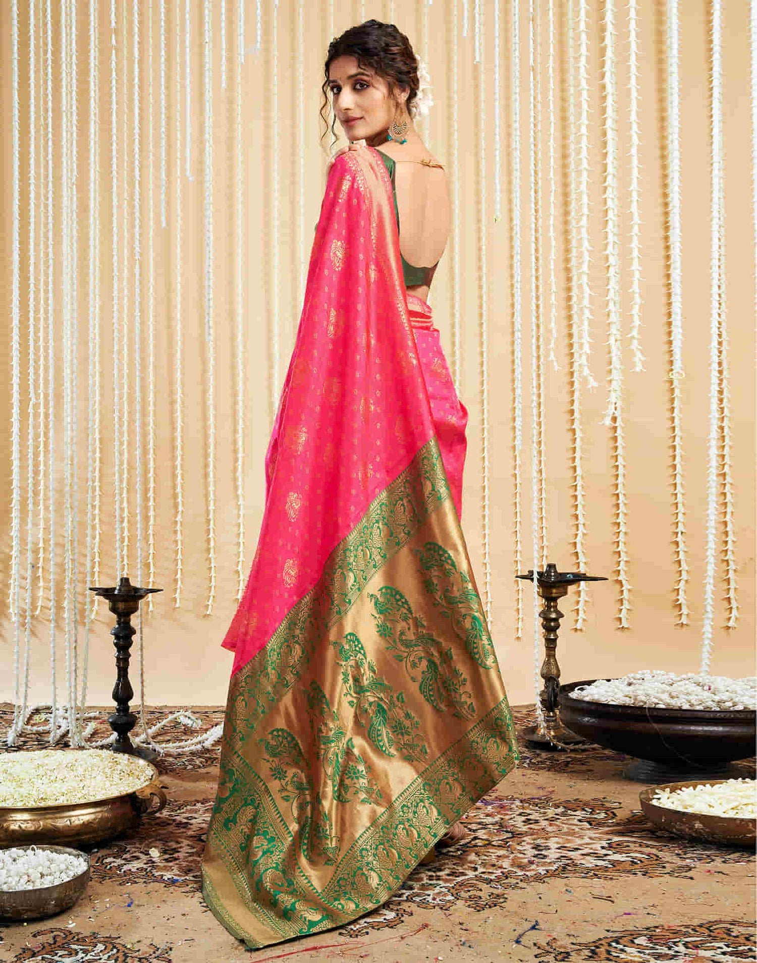 Bright Pink Silk Woven Banarasi Saree