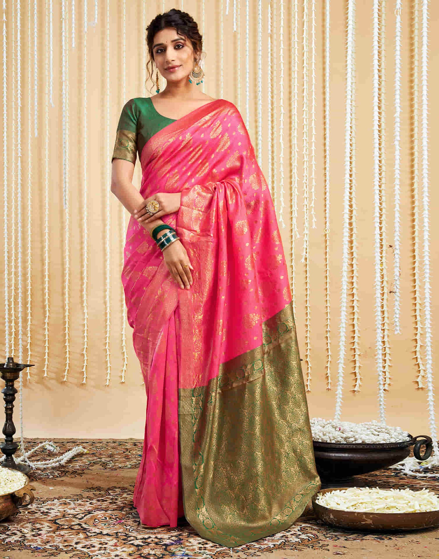 Bright Pink Silk Woven Banarasi Saree