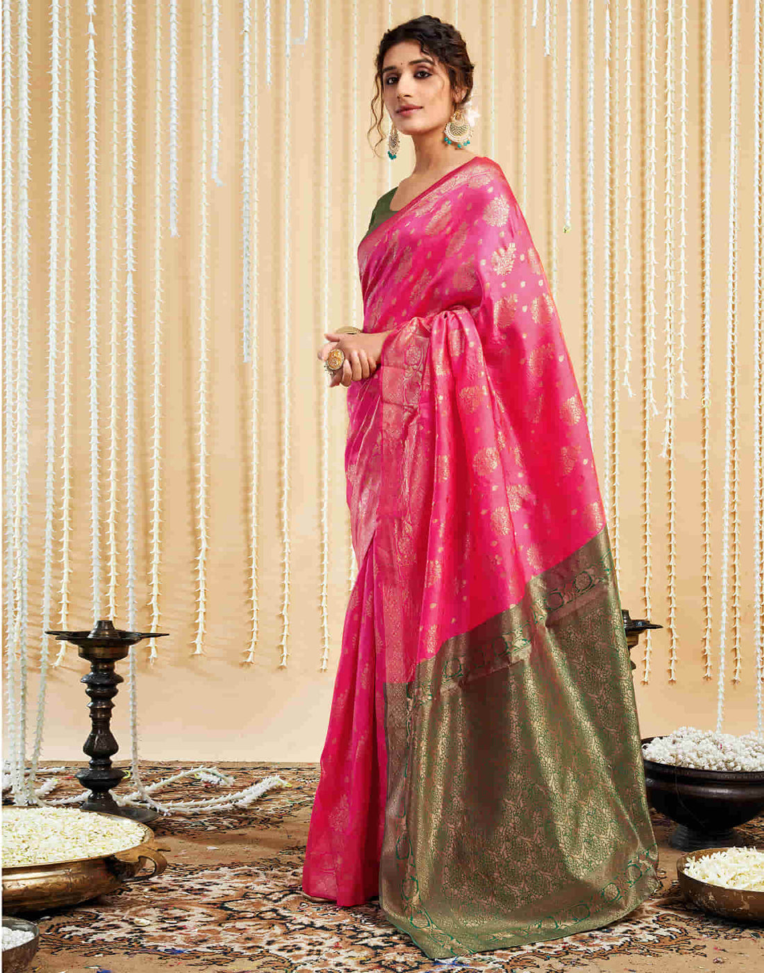 Bright Pink Silk Woven Banarasi Saree