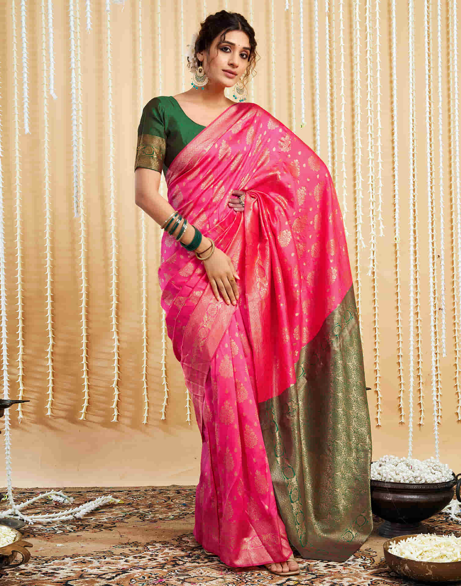 Bright Pink Silk Woven Banarasi Saree