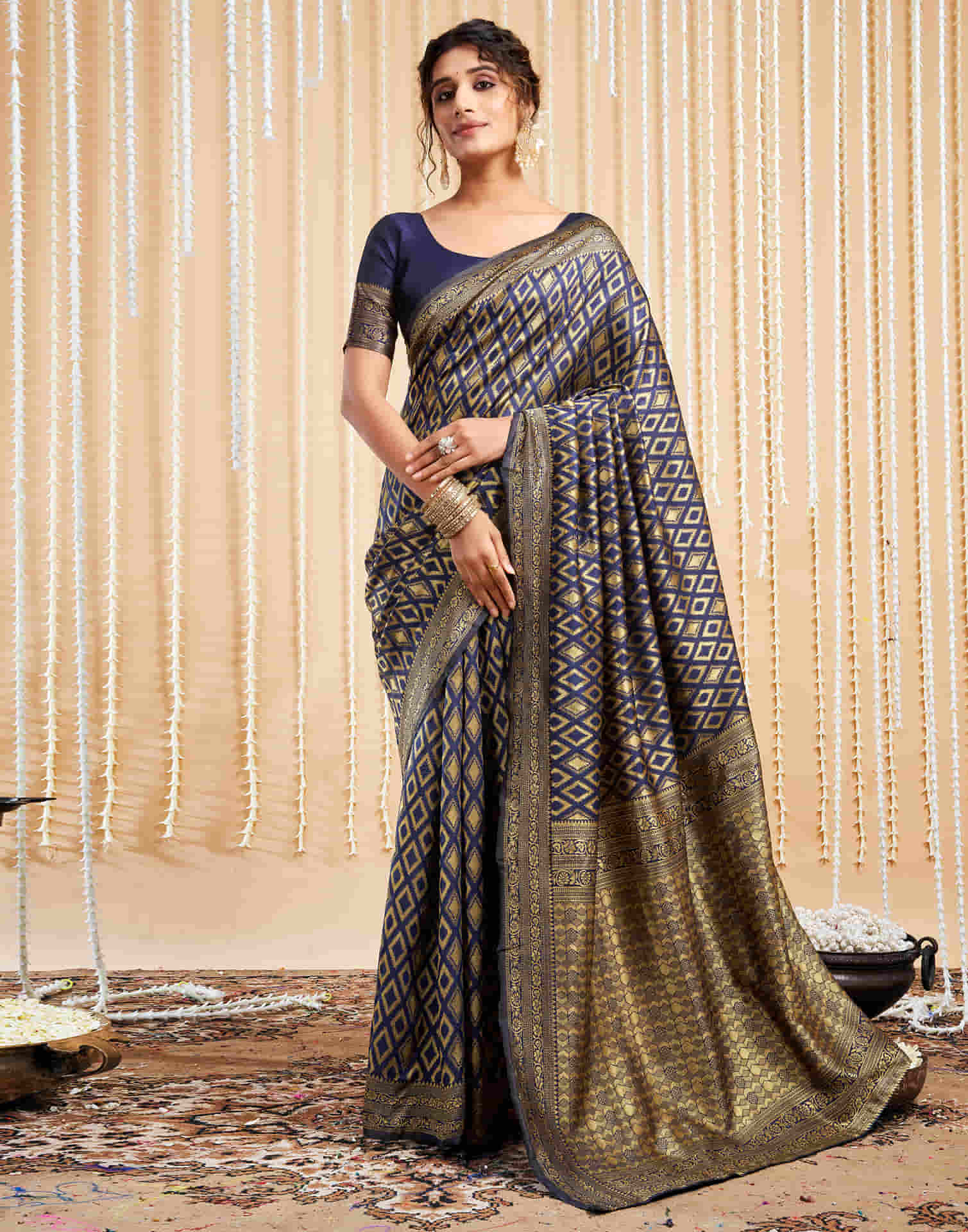 Navy Blue Silk Woven Banarasi Saree