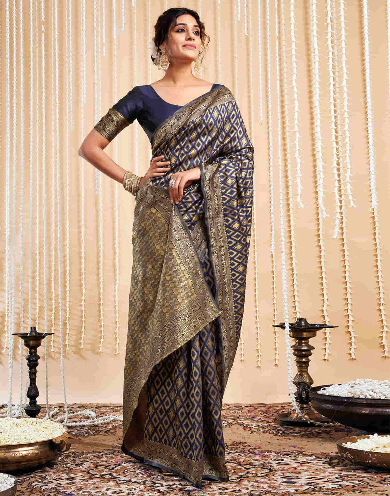 Navy Blue Silk Woven Banarasi Saree