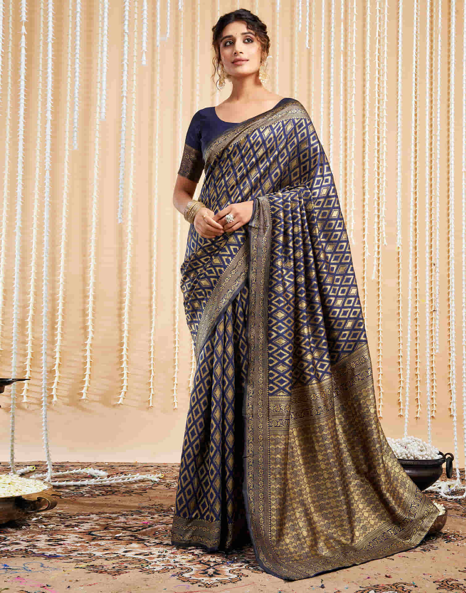 Navy Blue Silk Woven Banarasi Saree