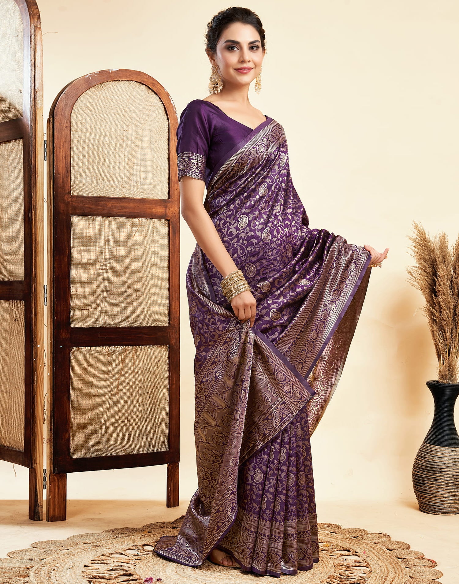 Wine  Silk Woven Banarasi Saree