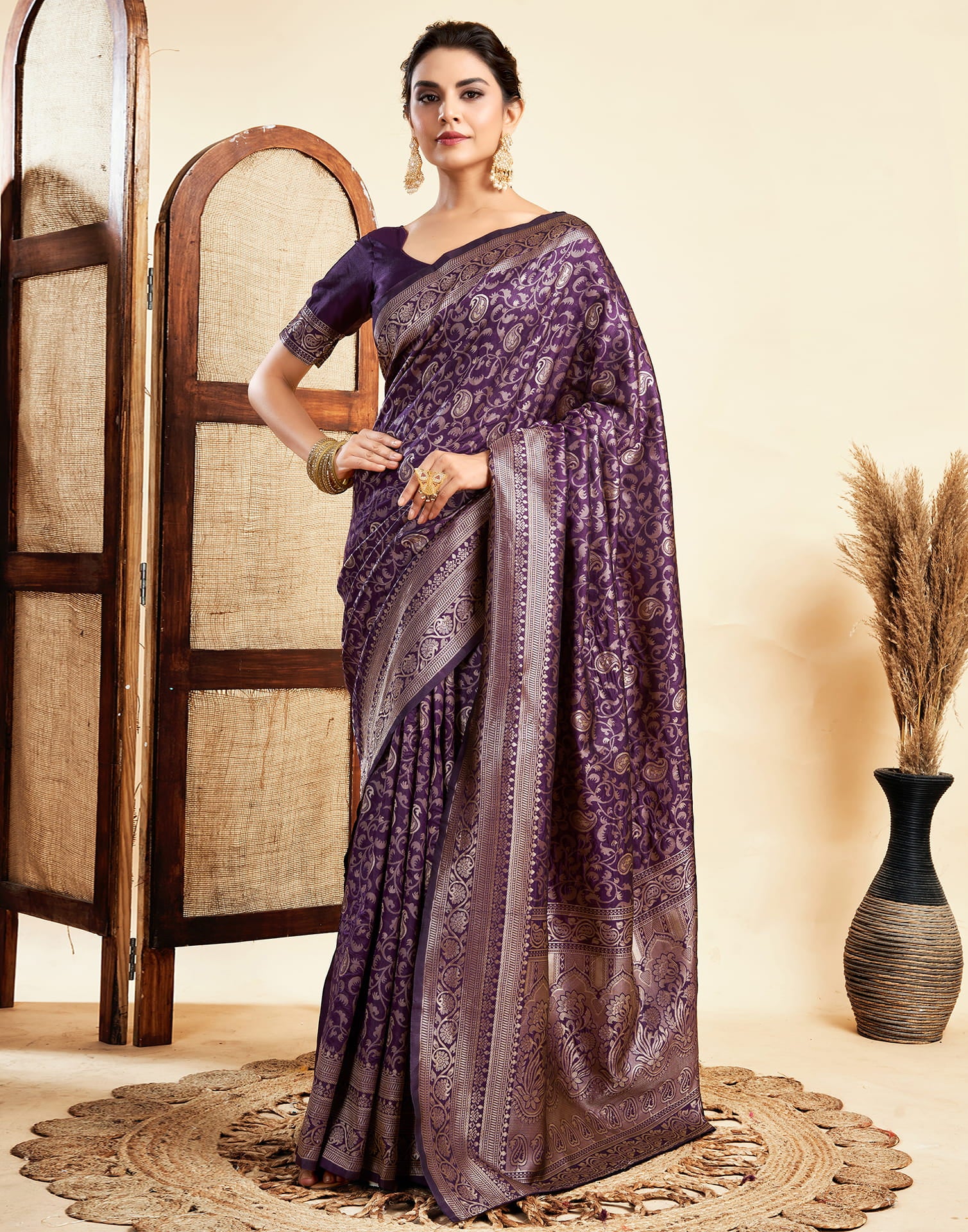 Wine  Silk Woven Banarasi Saree