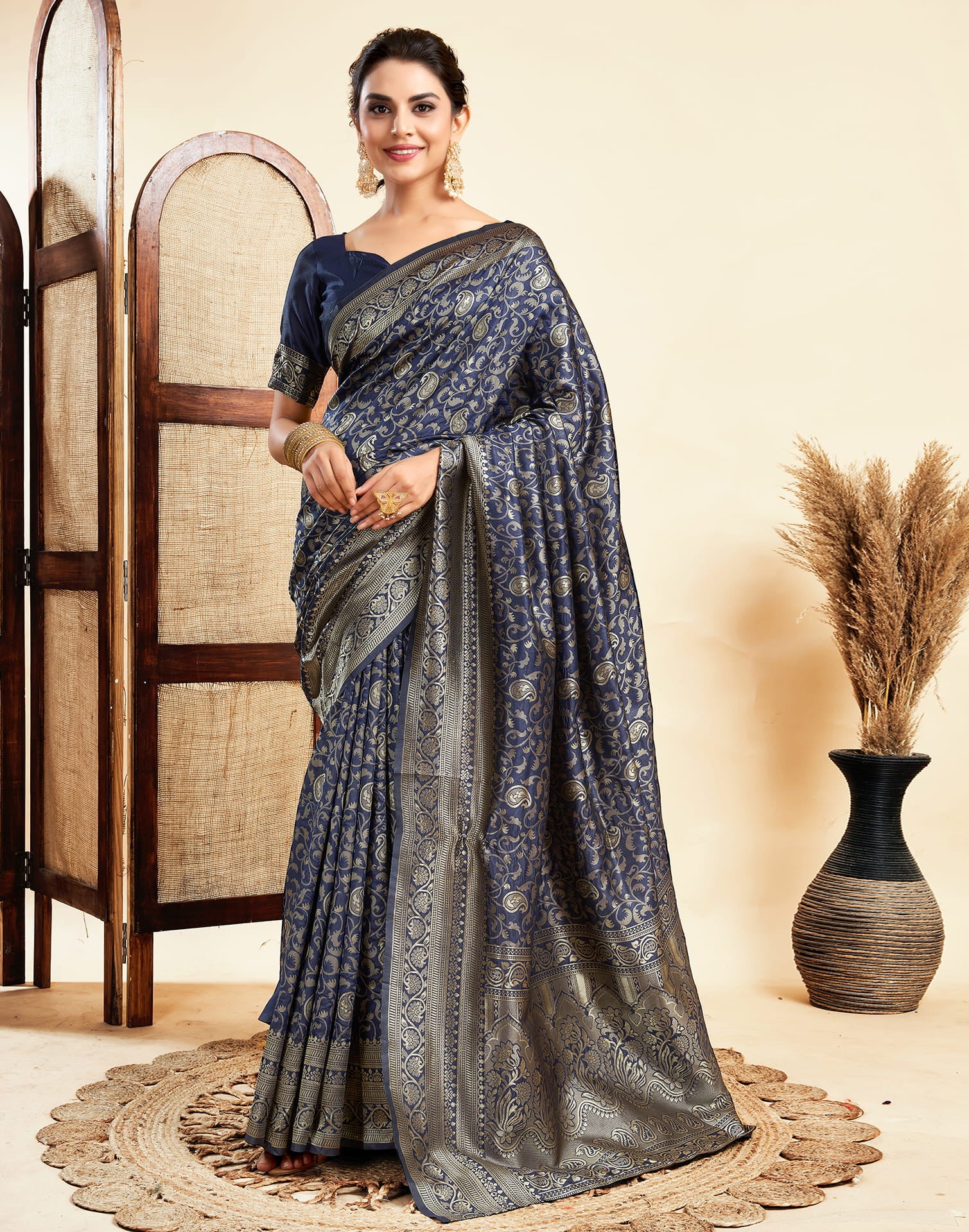 Navy Blue Silk Woven Banarasi Saree