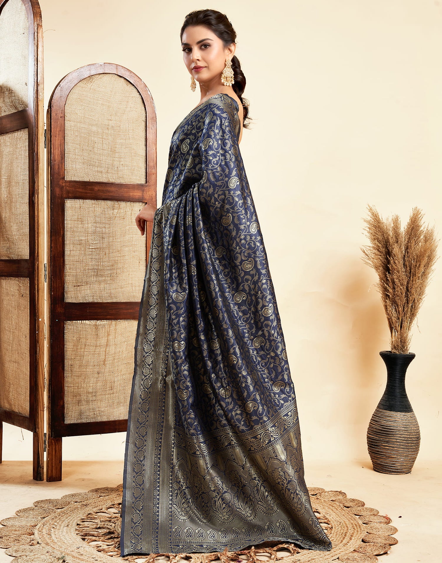 Navy Blue Silk Woven Banarasi Saree