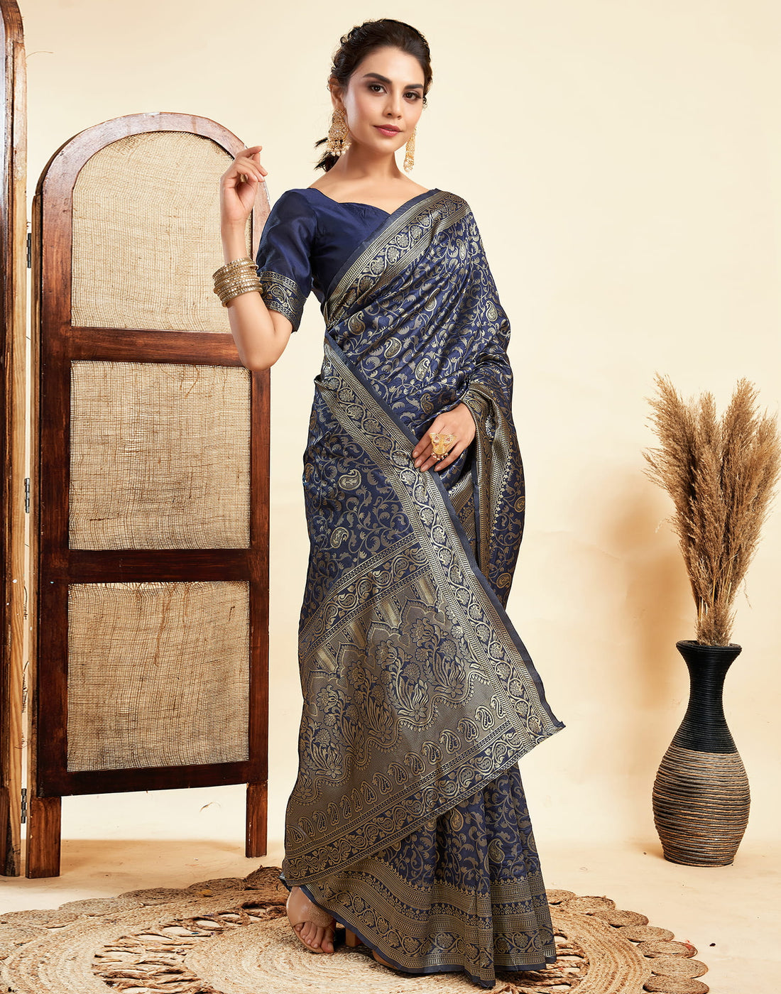 Navy Blue Silk Woven Banarasi Saree