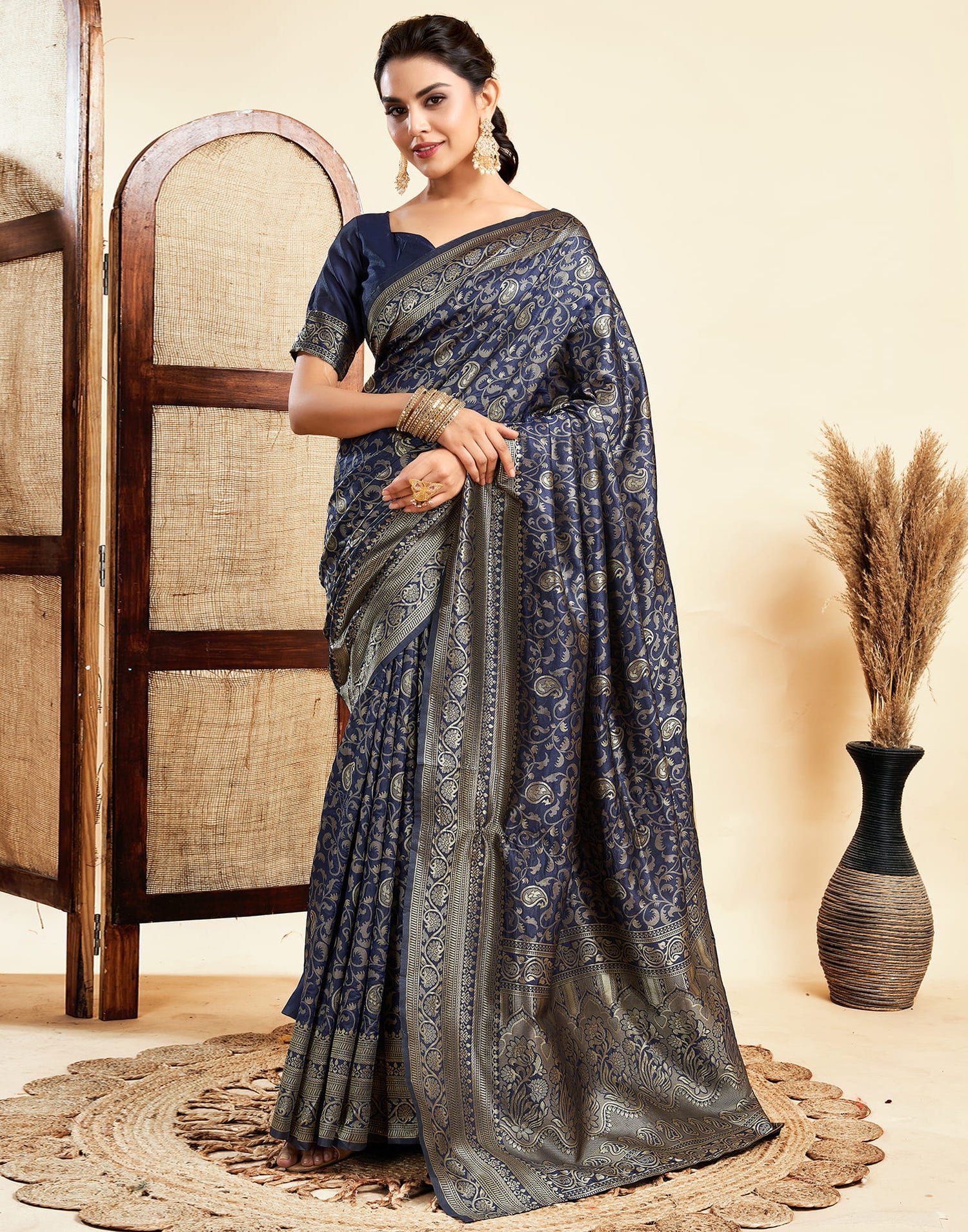 Navy Blue Silk Woven Banarasi Saree