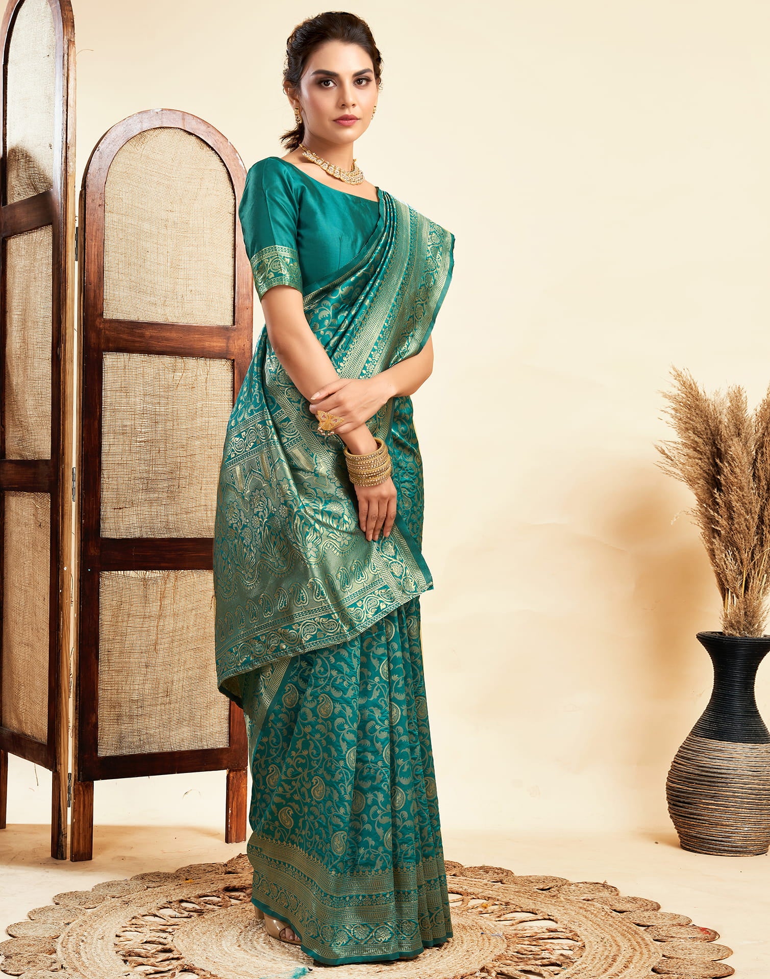 Teal Green Silk Woven Banarasi Saree