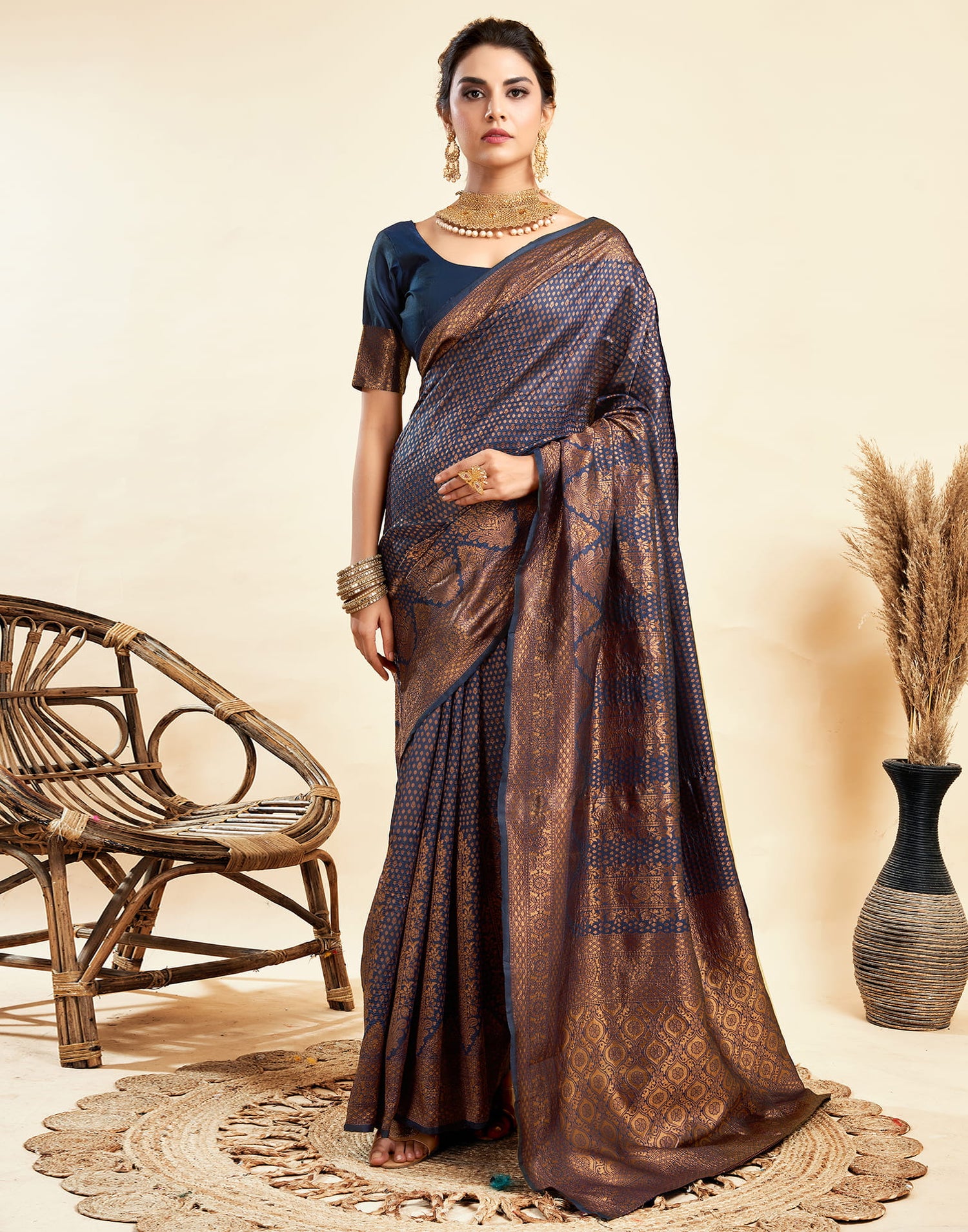 Navy Blue Silk Woven Banarasi Saree