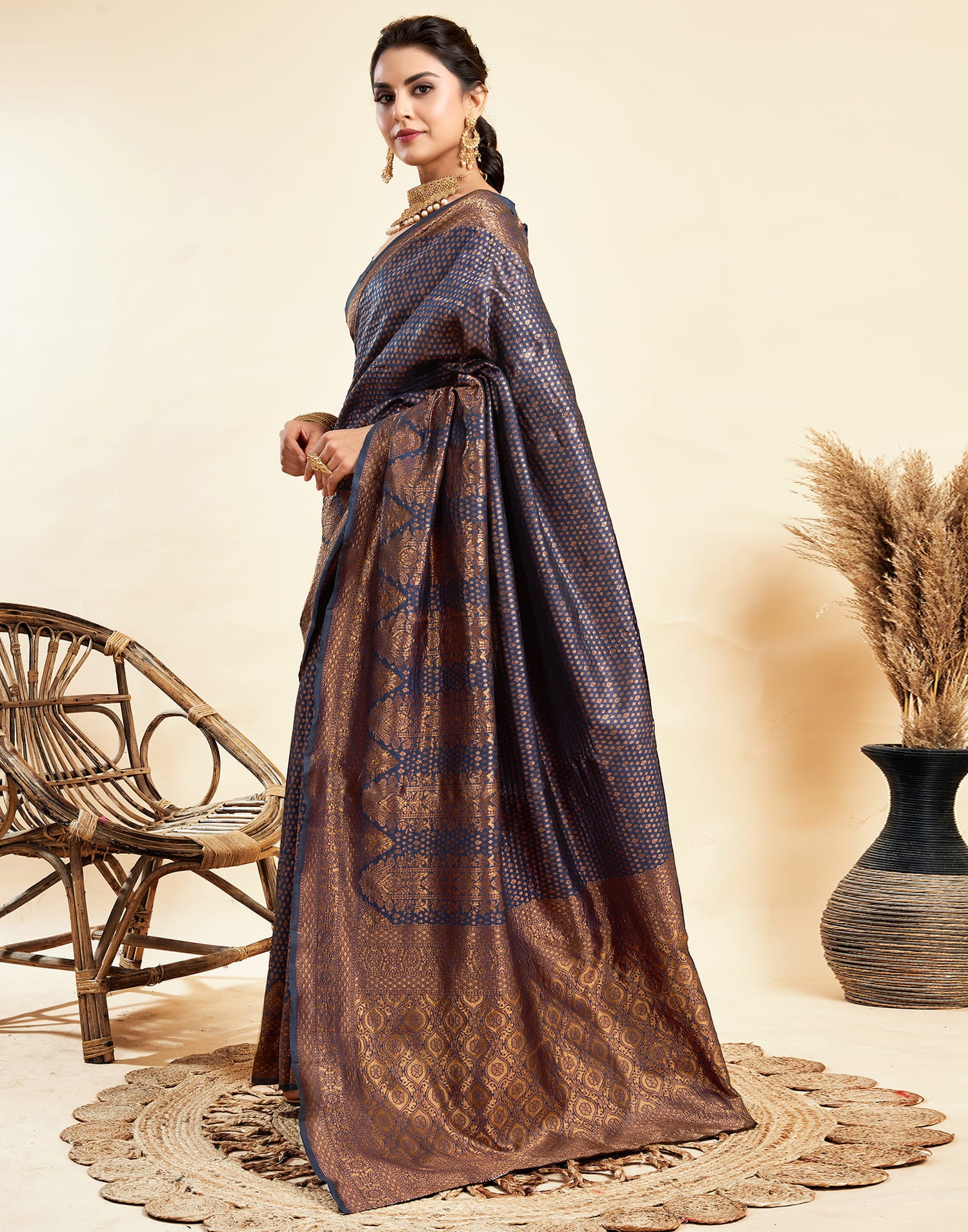 Navy Blue Silk Woven Banarasi Saree